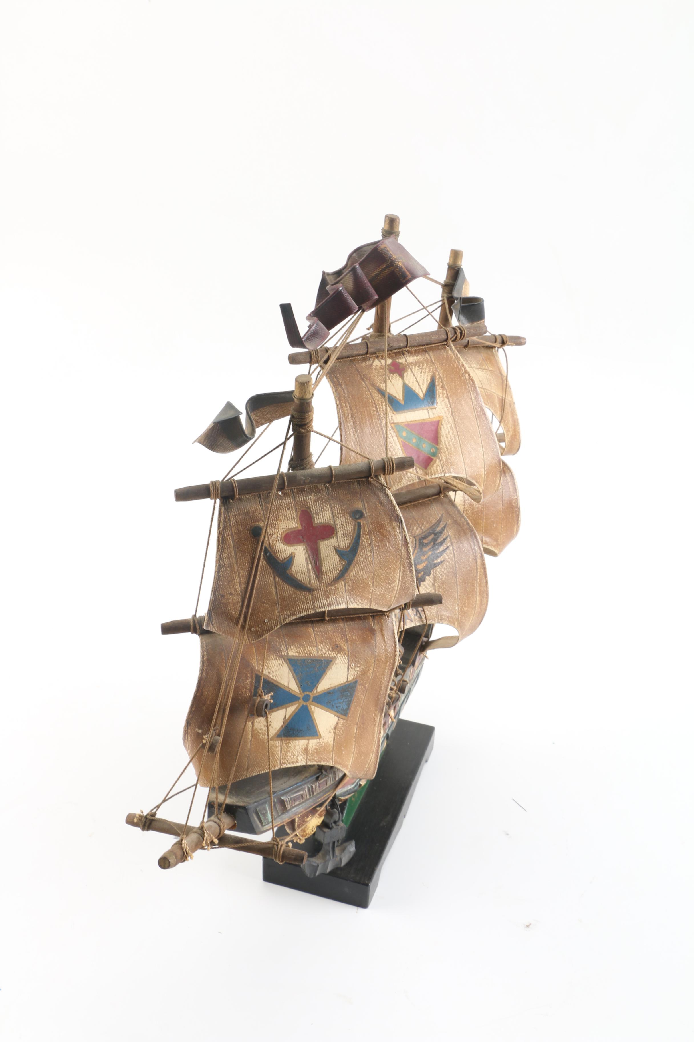 Vintage Santa Maria Wooden Ship Model with Canvas Sails