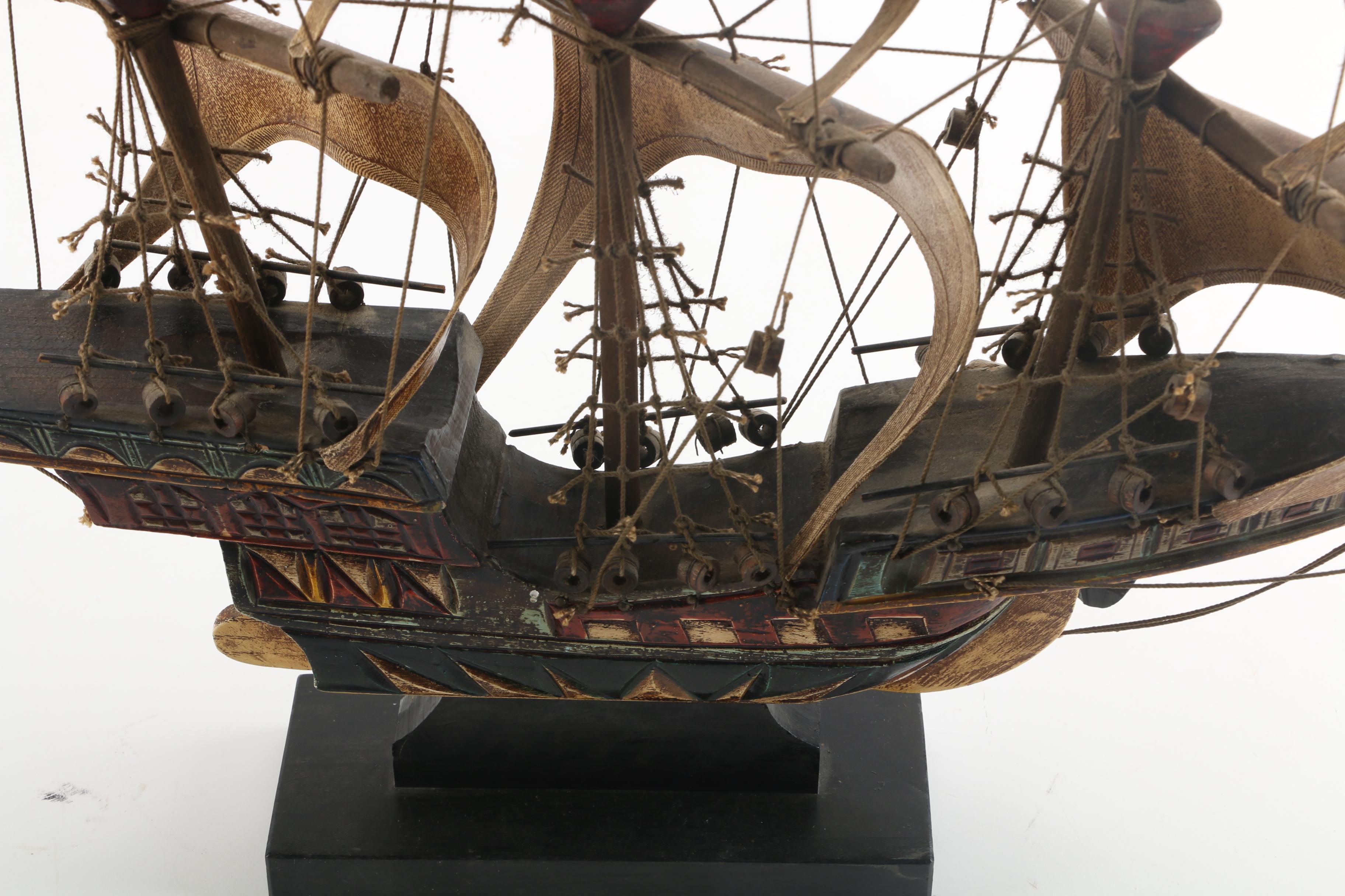 Vintage Santa Maria Wooden Ship Model with Canvas Sails