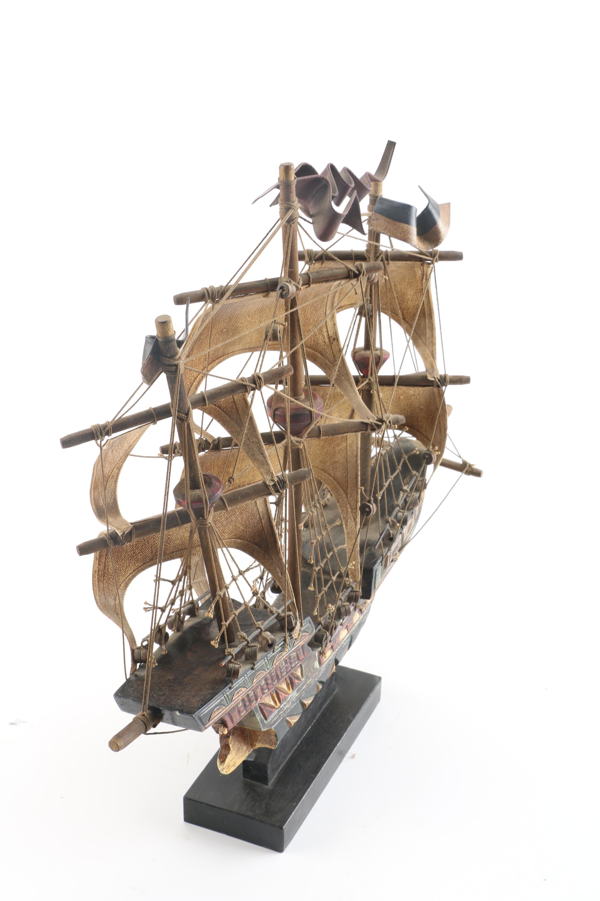 Vintage Santa Maria Wooden Ship Model with Canvas Sails
