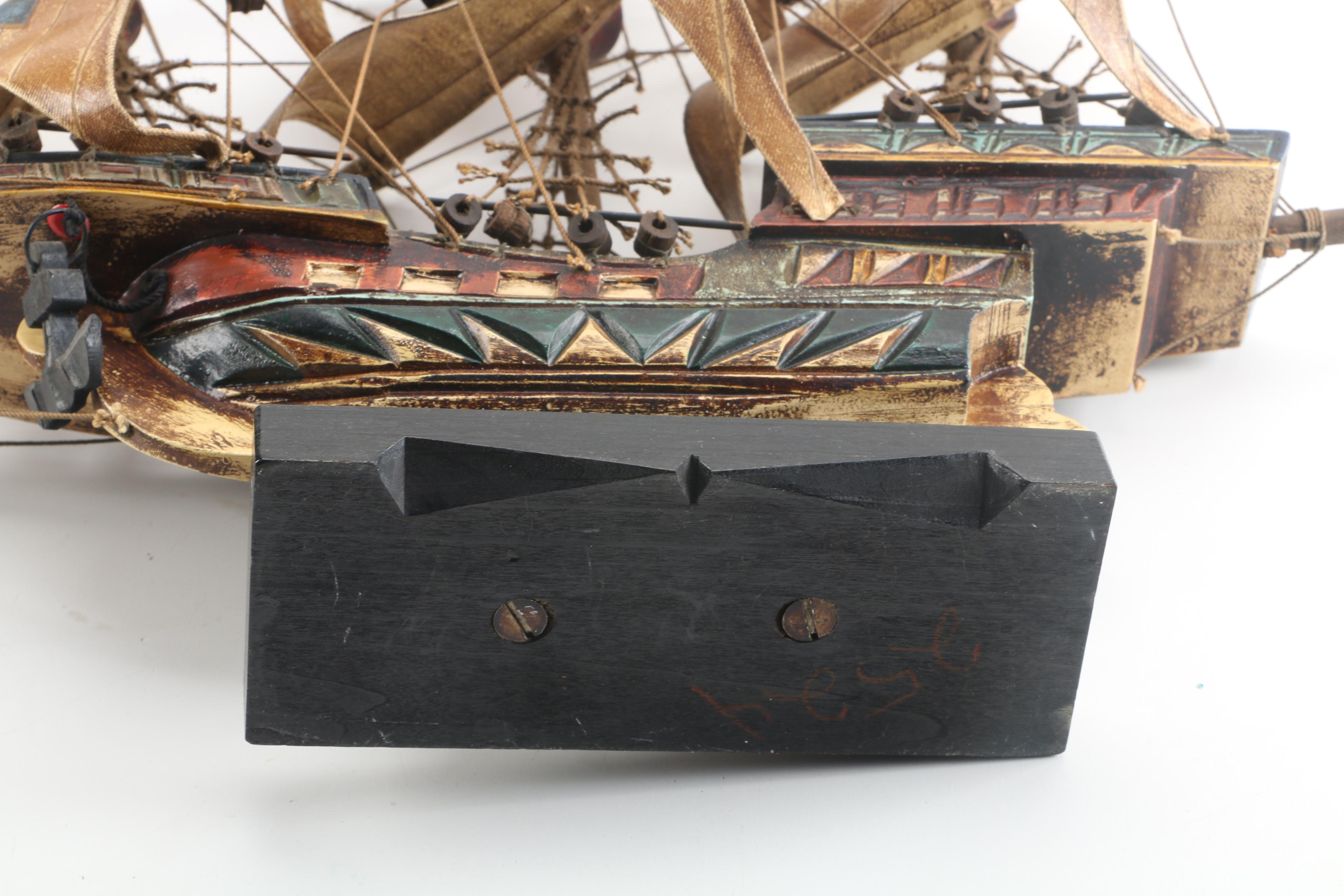 Vintage Santa Maria Wooden Ship Model with Canvas Sails