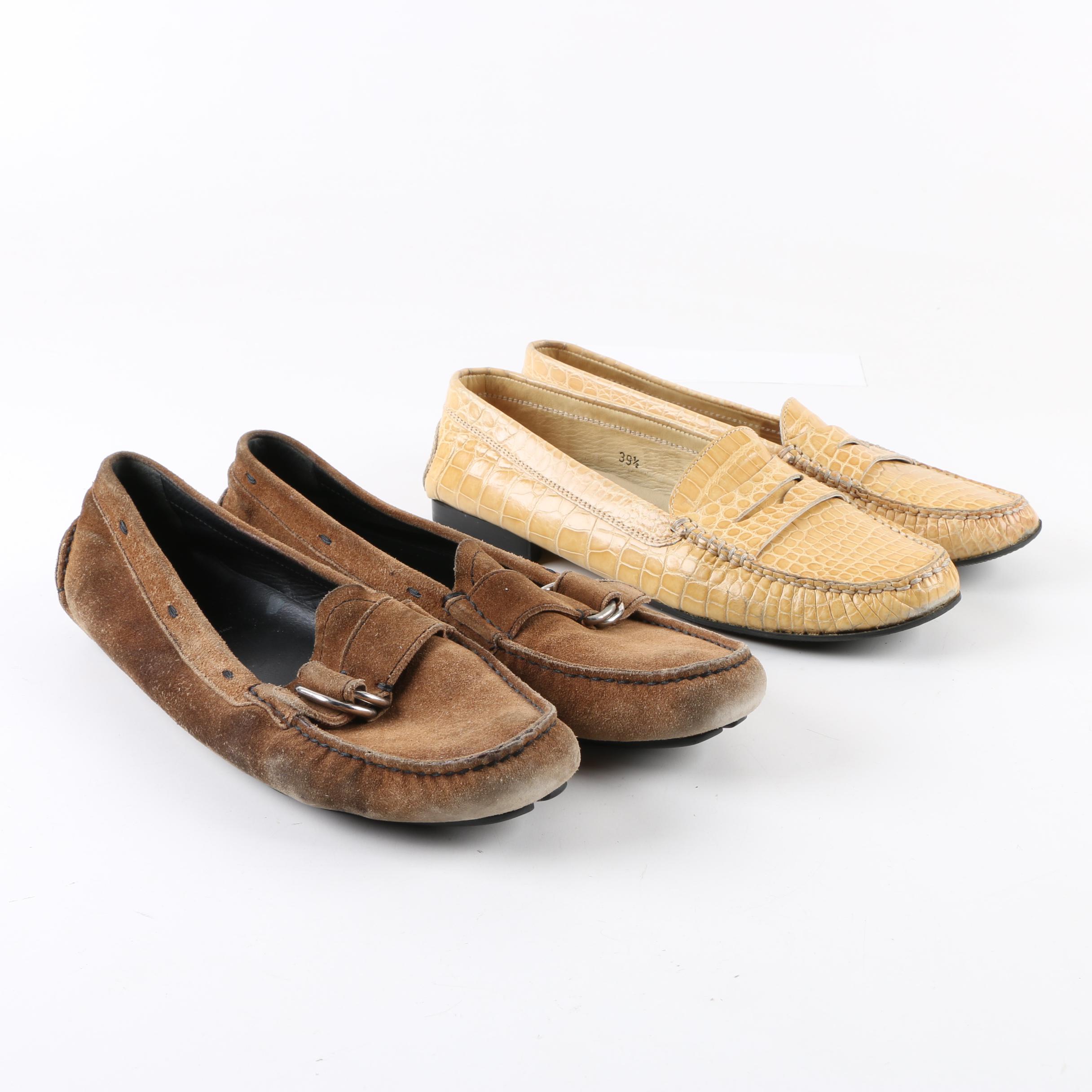 Women's Prada Brown Suede and Tod's Embossed Yellow Leather Loafers