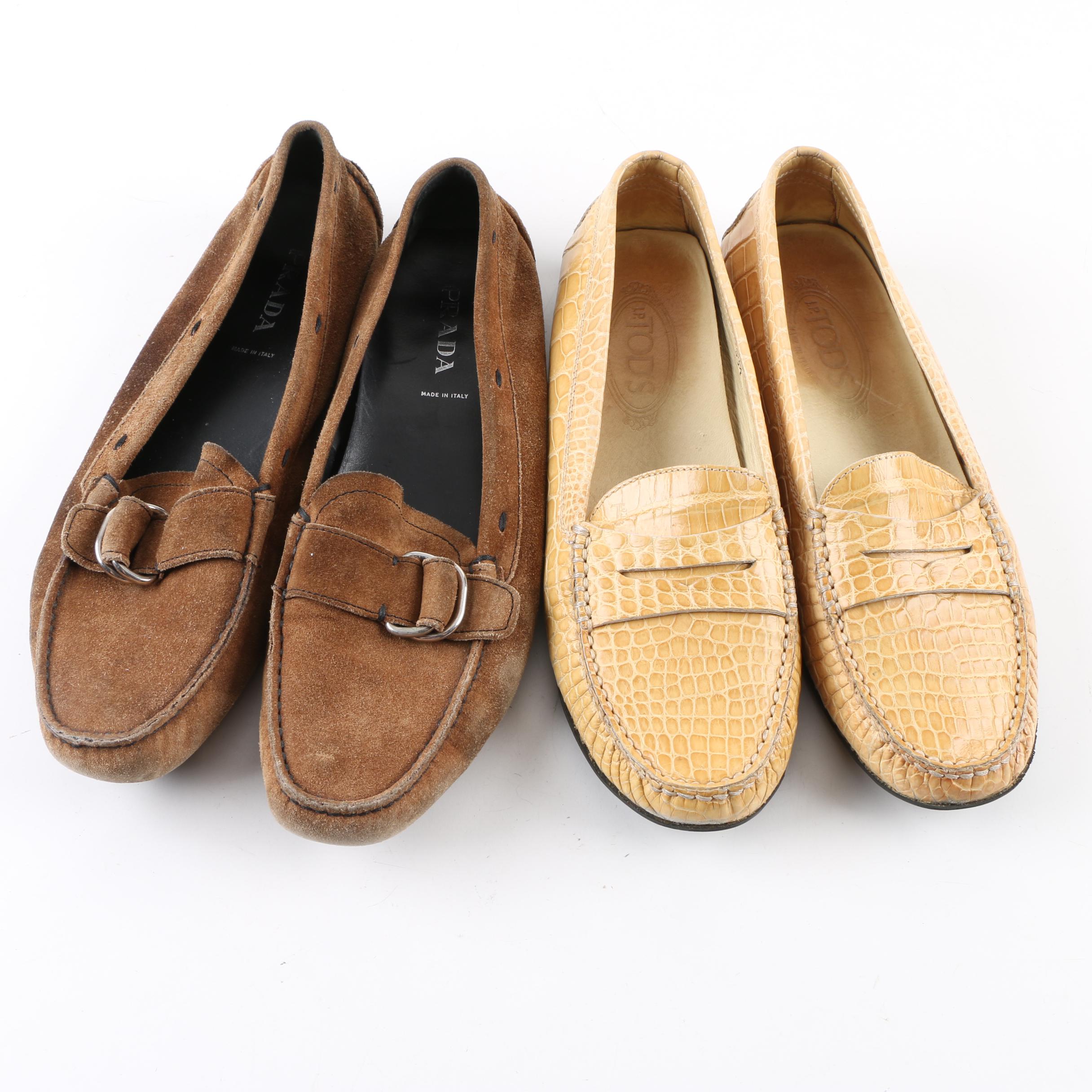 Women's Prada Brown Suede and Tod's Embossed Yellow Leather Loafers