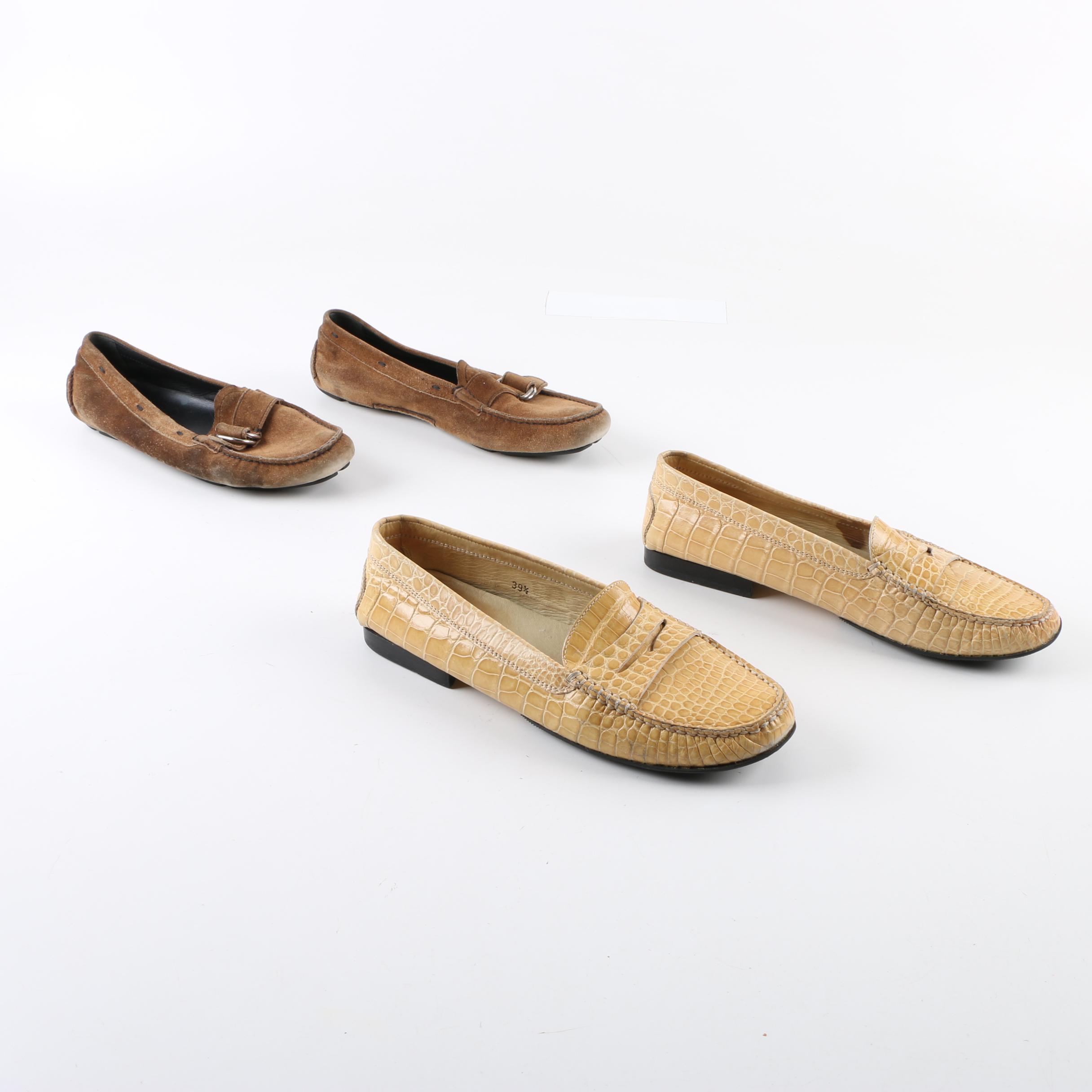 Women's Prada Brown Suede and Tod's Embossed Yellow Leather Loafers