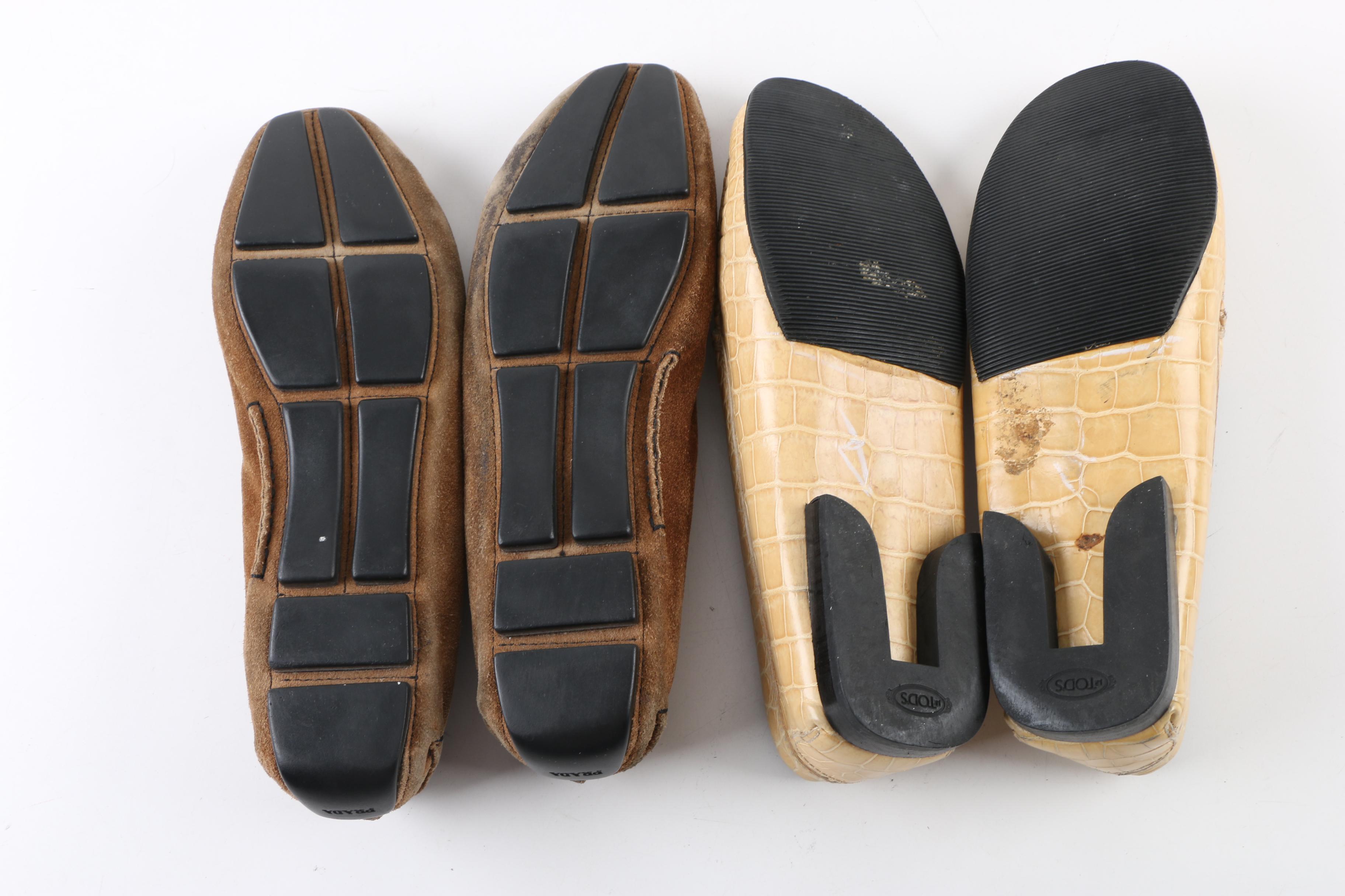 Women's Prada Brown Suede and Tod's Embossed Yellow Leather Loafers