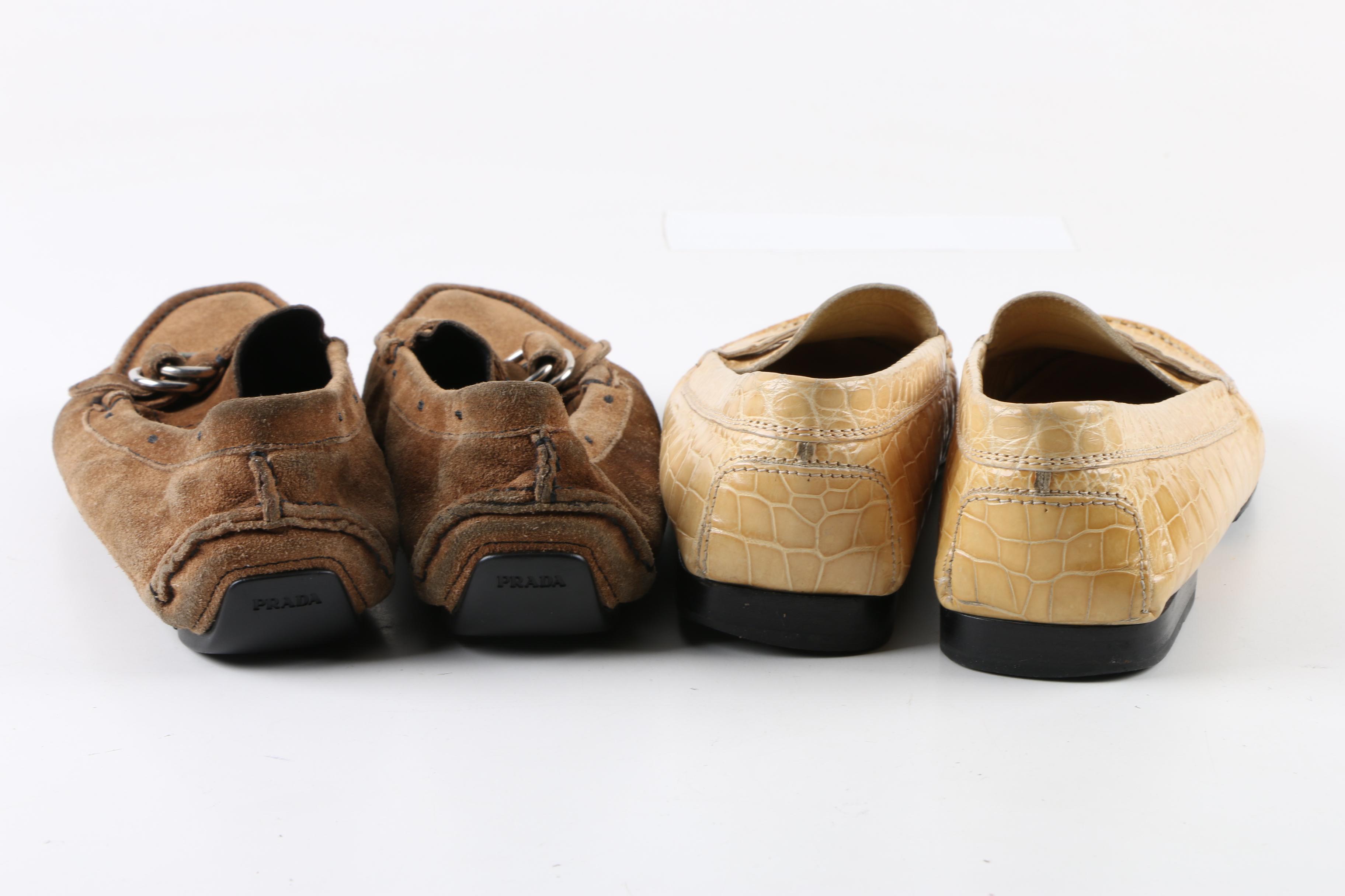 Women's Prada Brown Suede and Tod's Embossed Yellow Leather Loafers