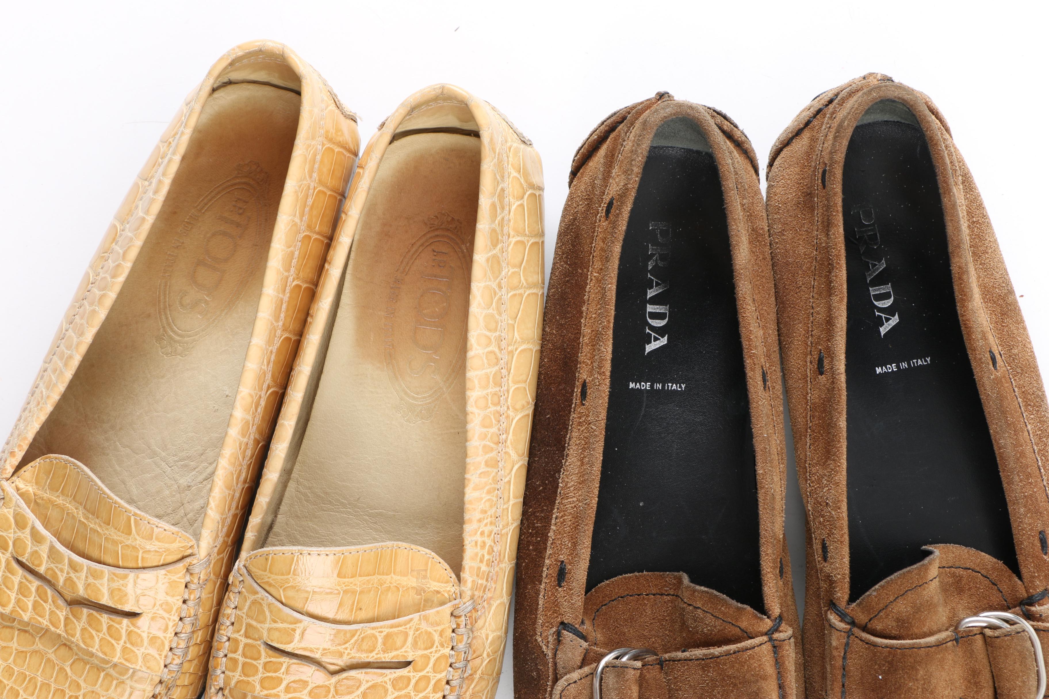 Women's Prada Brown Suede and Tod's Embossed Yellow Leather Loafers