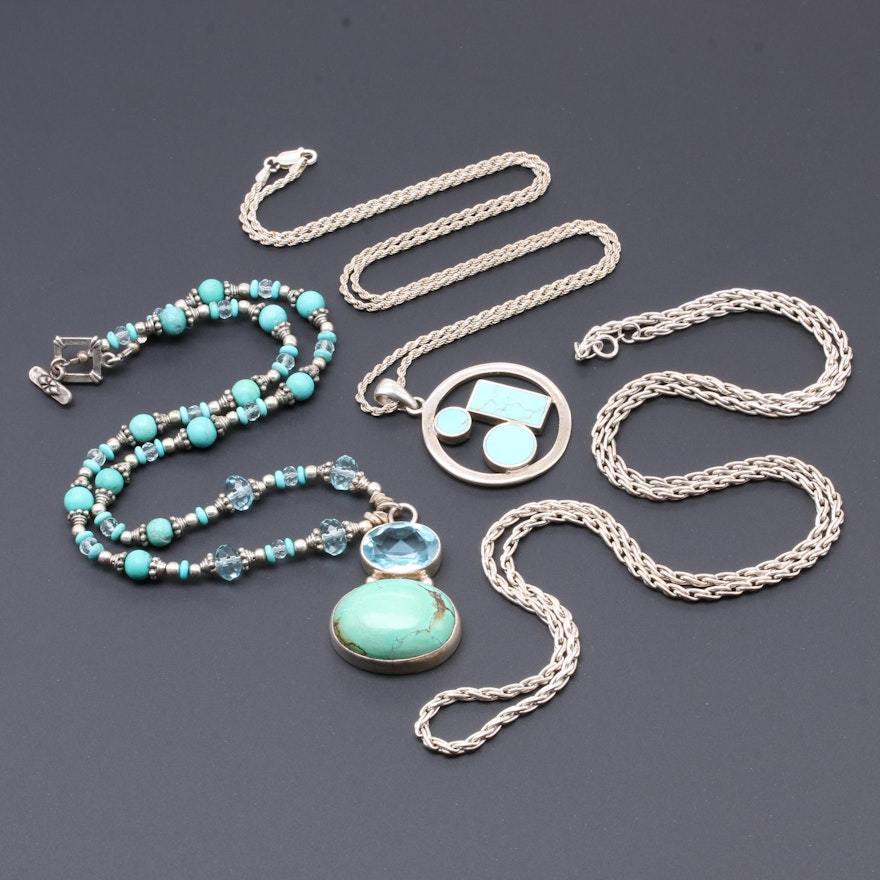 Sterling Silver Necklace Selection Including Reconstructed Turquoise and Glass