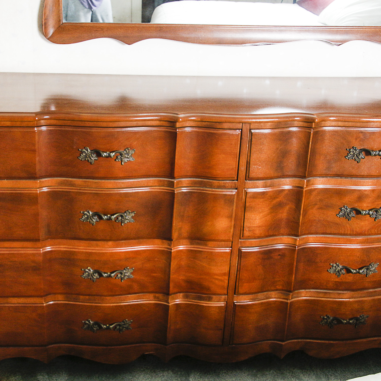 Vintage French Provincial Style Serpentine Dresser with Mirror by Burns