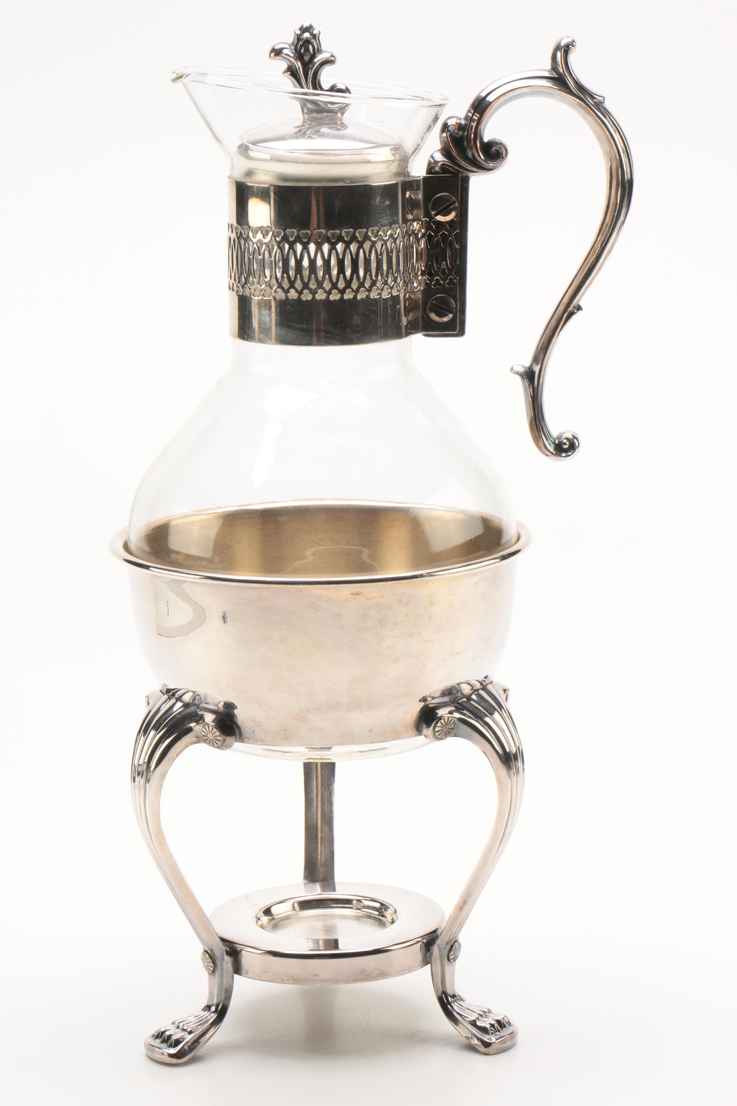 F.B. Rogers Silver Plate and Glass Coffee Carafe Set with Crystal Bedside Carafe