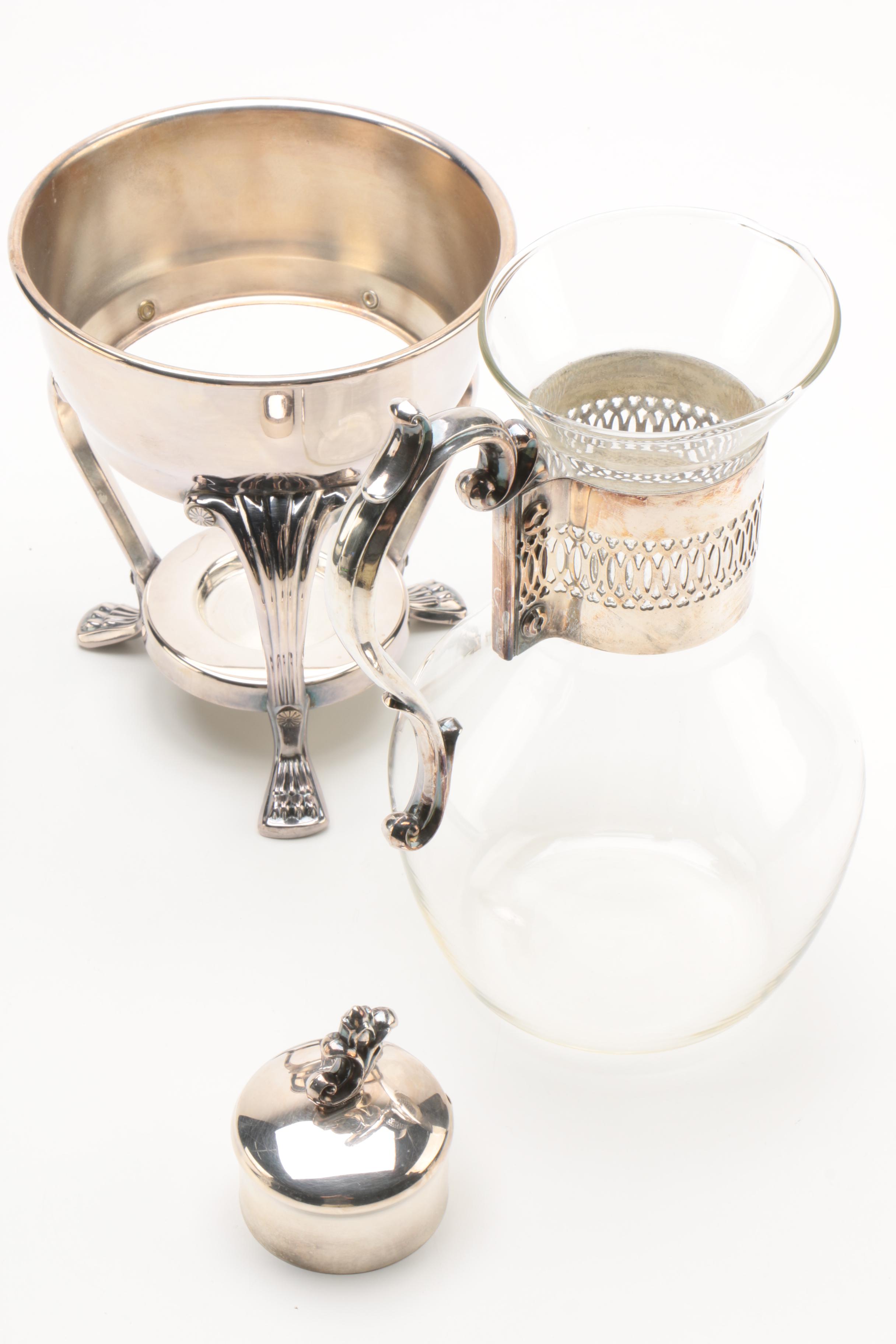 F.B. Rogers Silver Plate and Glass Coffee Carafe Set with Crystal Bedside Carafe