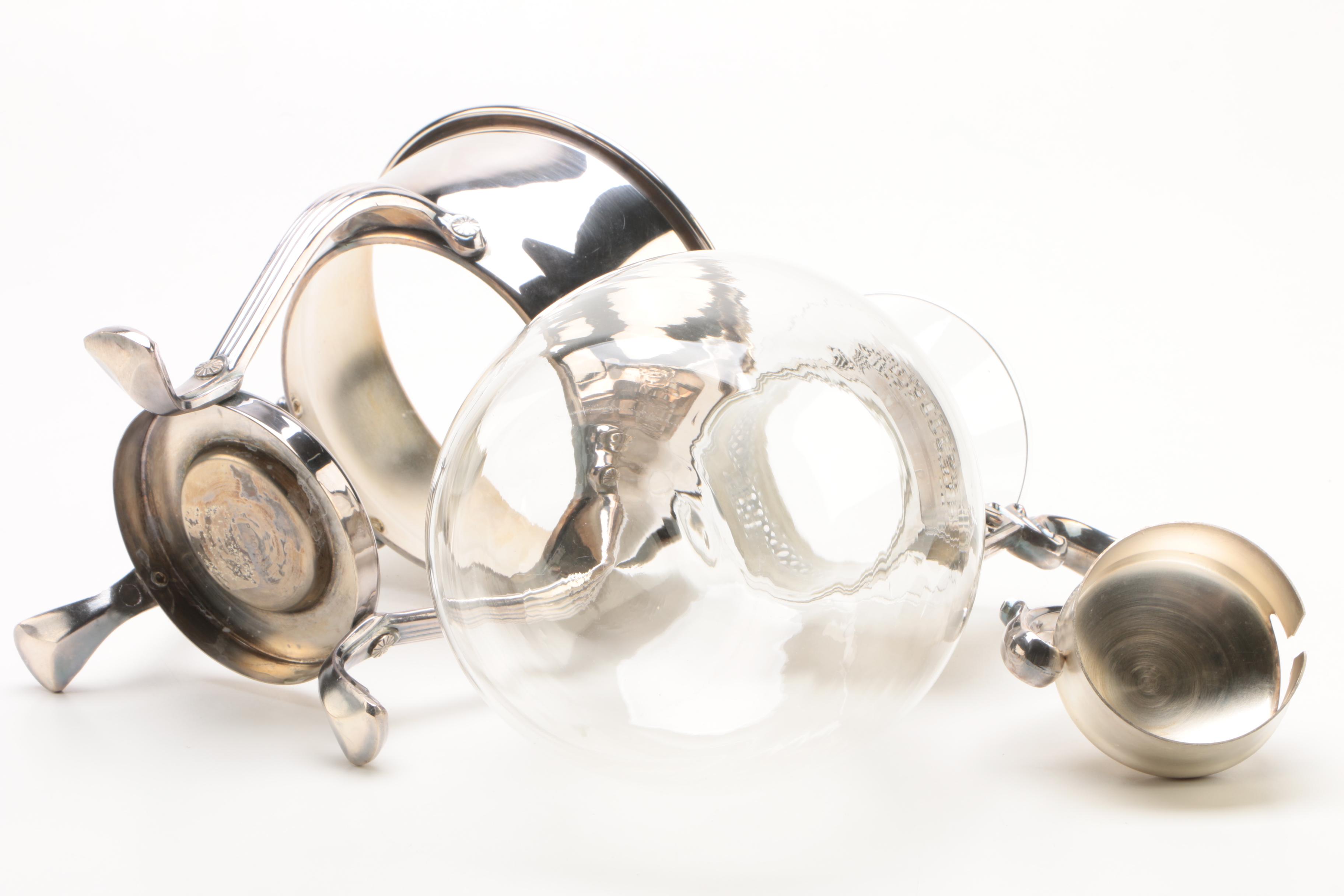 F.B. Rogers Silver Plate and Glass Coffee Carafe Set with Crystal Bedside Carafe