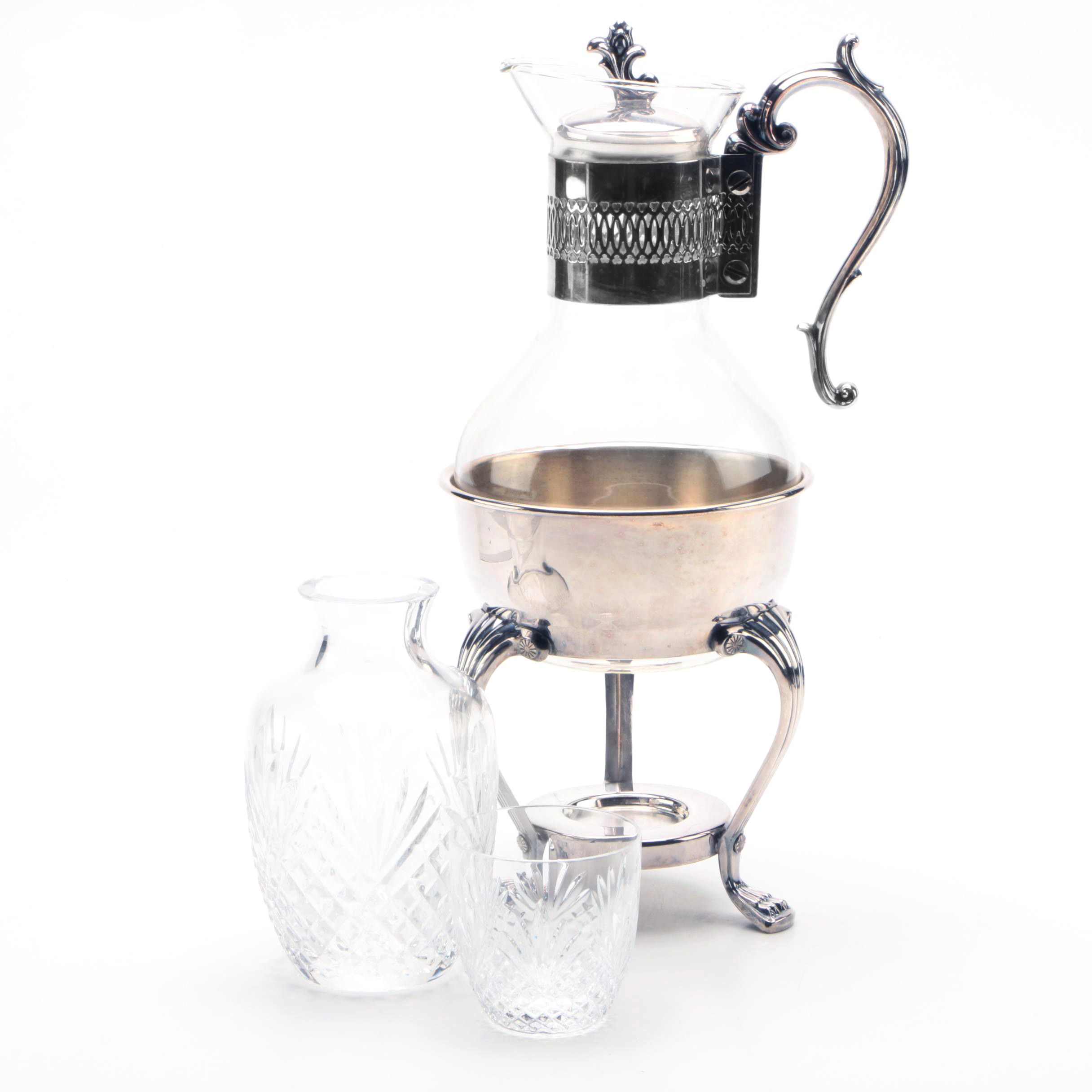 F.B. Rogers Silver Plate and Glass Coffee Carafe Set with Crystal Bedside Carafe
