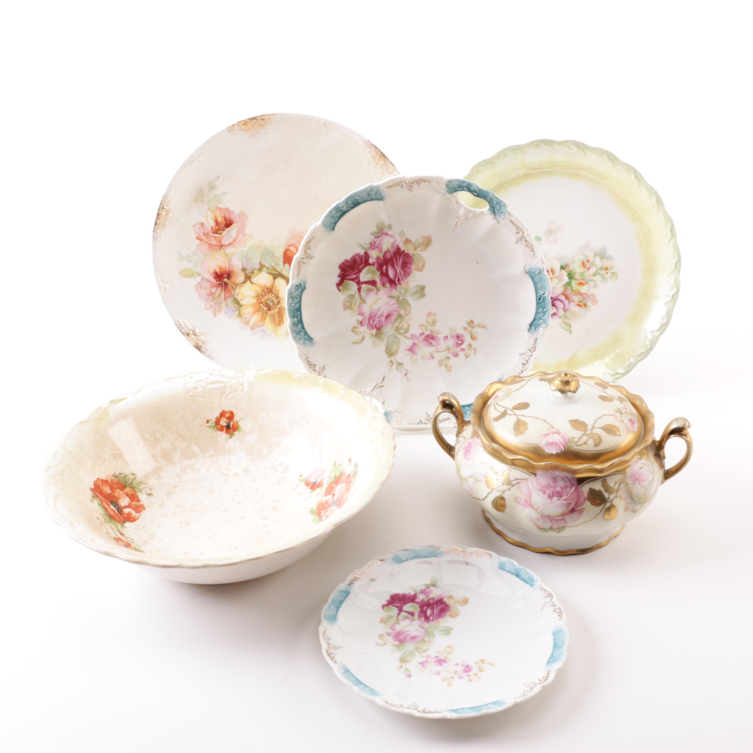 Vintage Floral Themed Porcelain Serveware Featuring Moritz Zdekauer