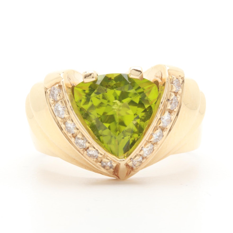 14K Yellow Gold Peridot and Diamond Ring