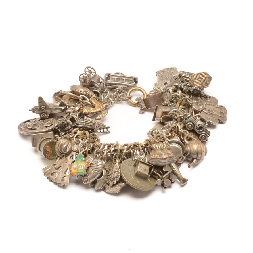 Silver Tone Charm Bracelet Including Some Sterling Silver Charms