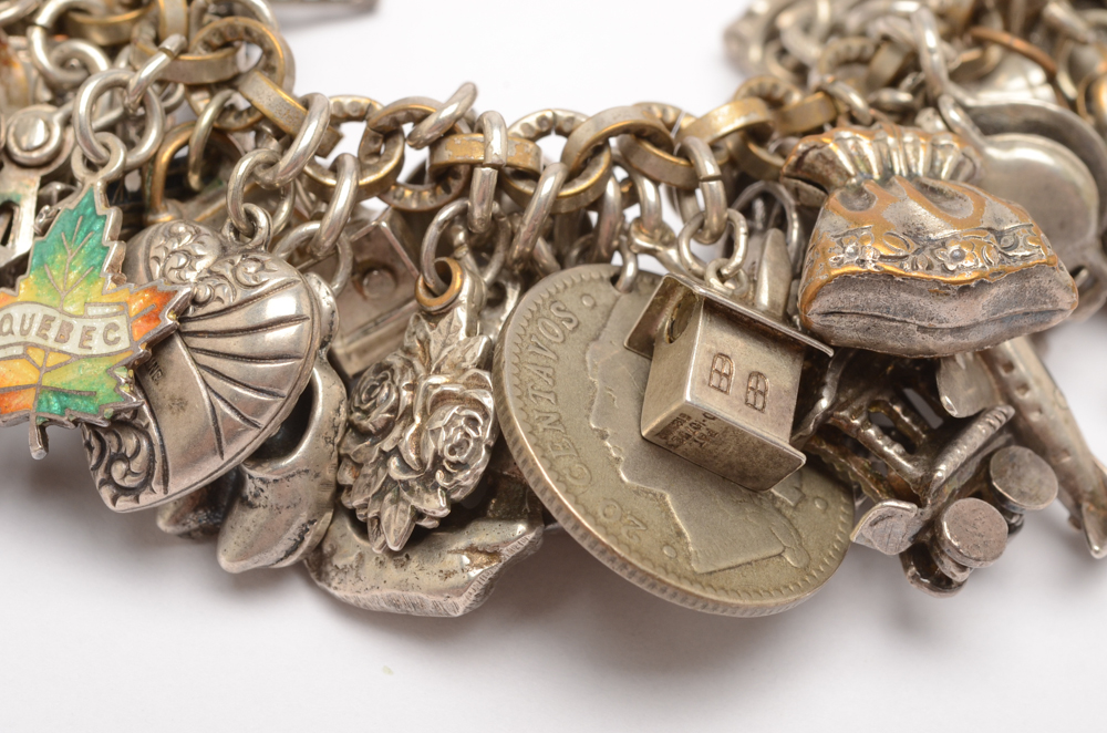 Silver Tone Charm Bracelet Including Some Sterling Silver Charms