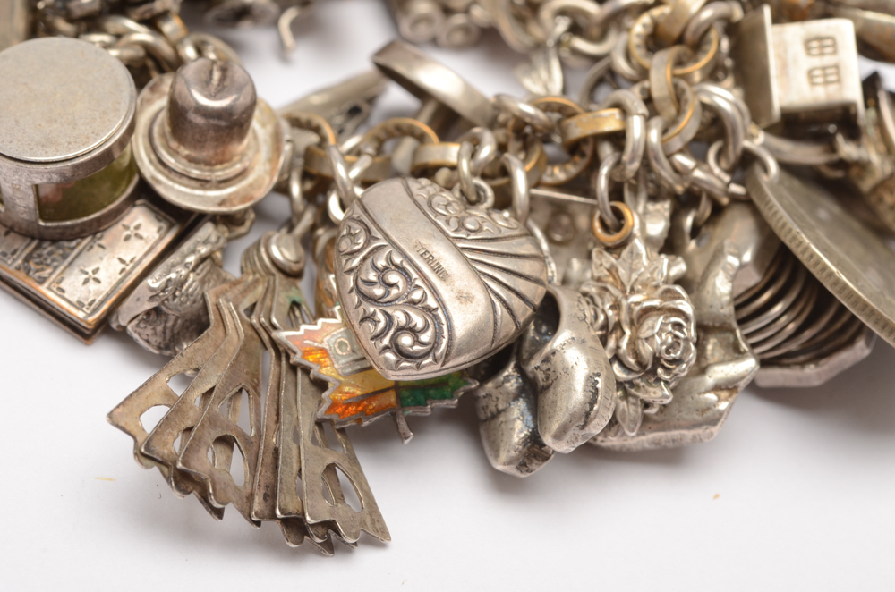 Silver Tone Charm Bracelet Including Some Sterling Silver Charms