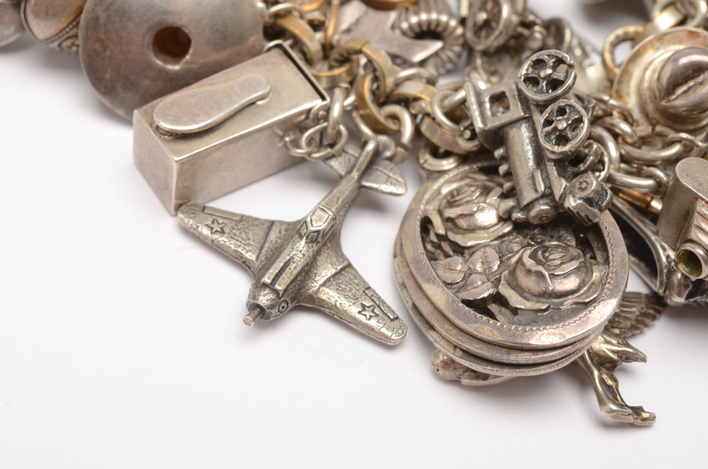 Silver Tone Charm Bracelet Including Some Sterling Silver Charms