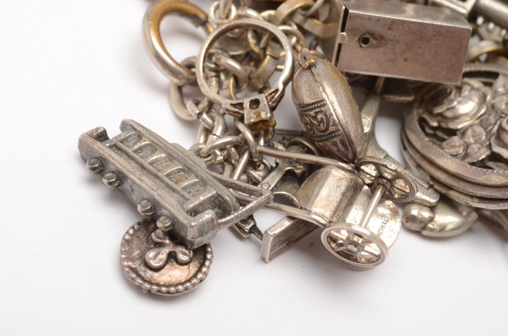 Silver Tone Charm Bracelet Including Some Sterling Silver Charms