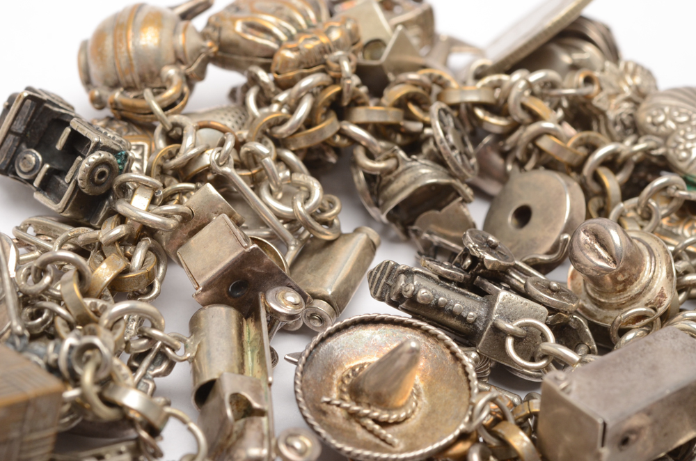 Silver Tone Charm Bracelet Including Some Sterling Silver Charms