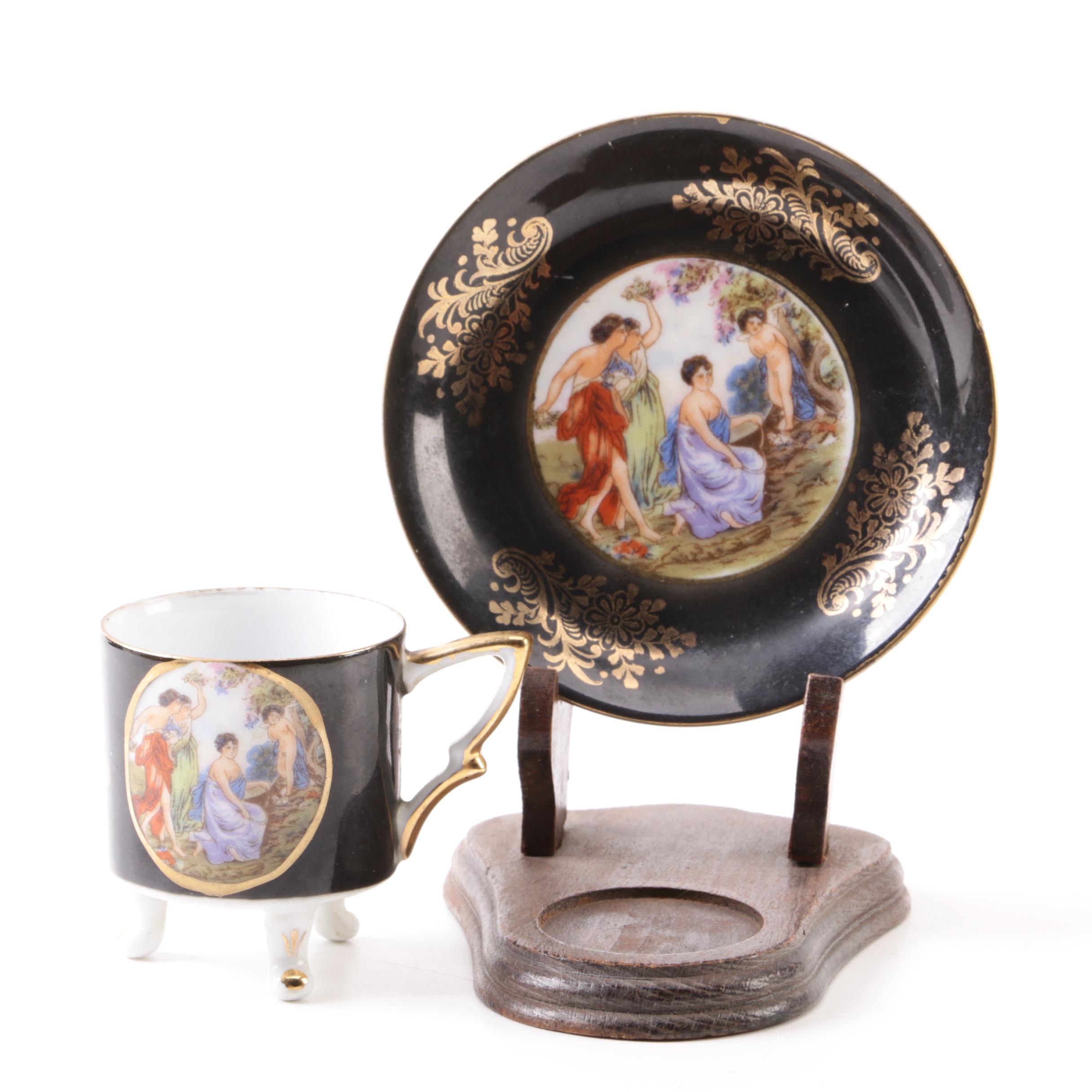 Royal Halsey Demitasse Cup and Saucer with Hand-Painted Tea Strainer