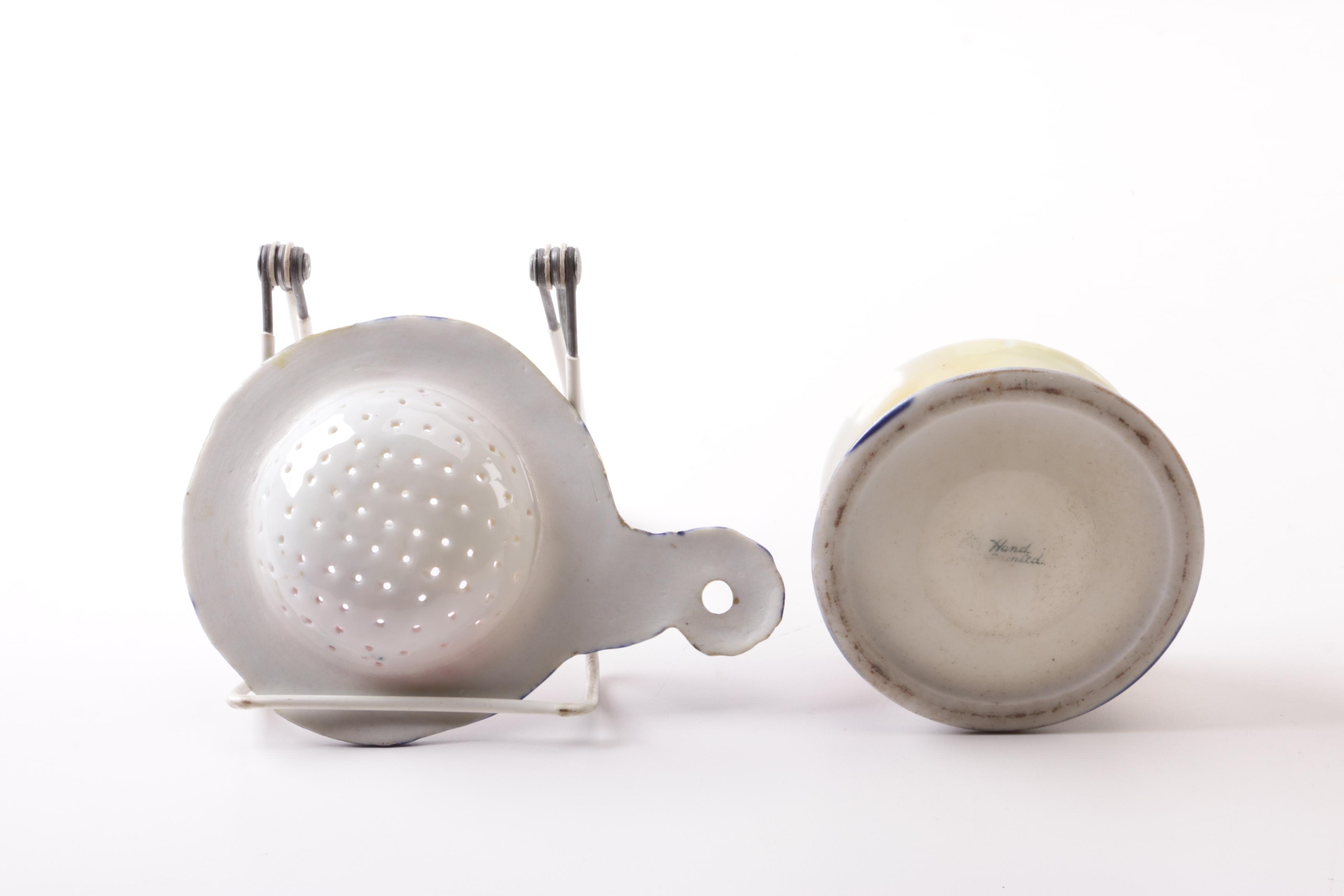 Royal Halsey Demitasse Cup and Saucer with Hand-Painted Tea Strainer