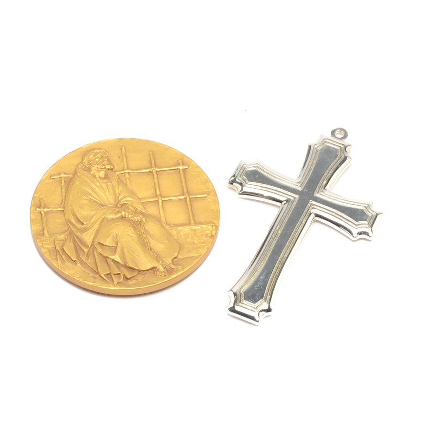 Sterling Silver Gorham Cross with Gold Tone St. Peter in Chains Medallion
