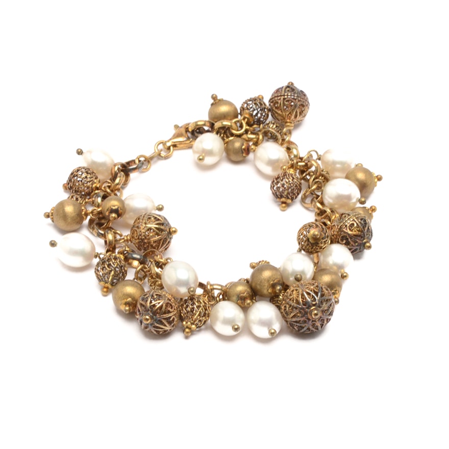 Sterling Silver Gold Gilt Cultured Pearl Bracelet