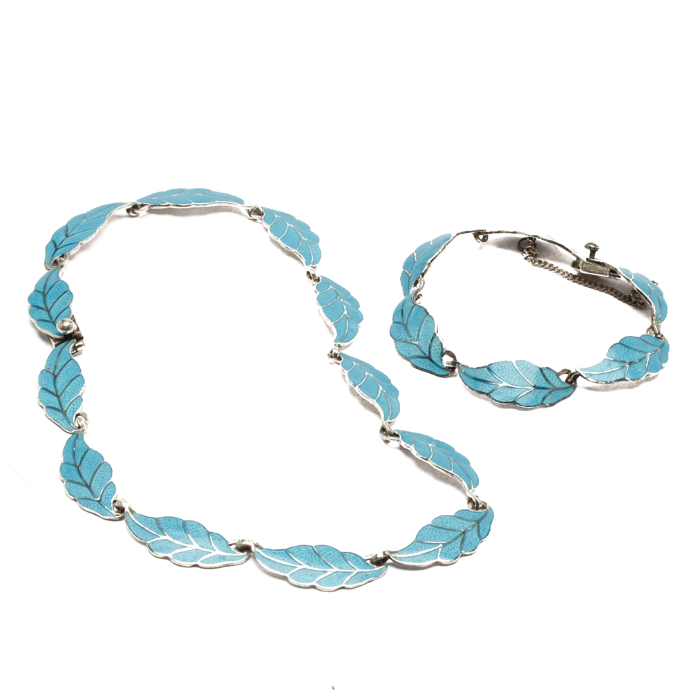 Sterling Silver and Blue Enamel Necklace and Bracelet Set by Miguel Arias