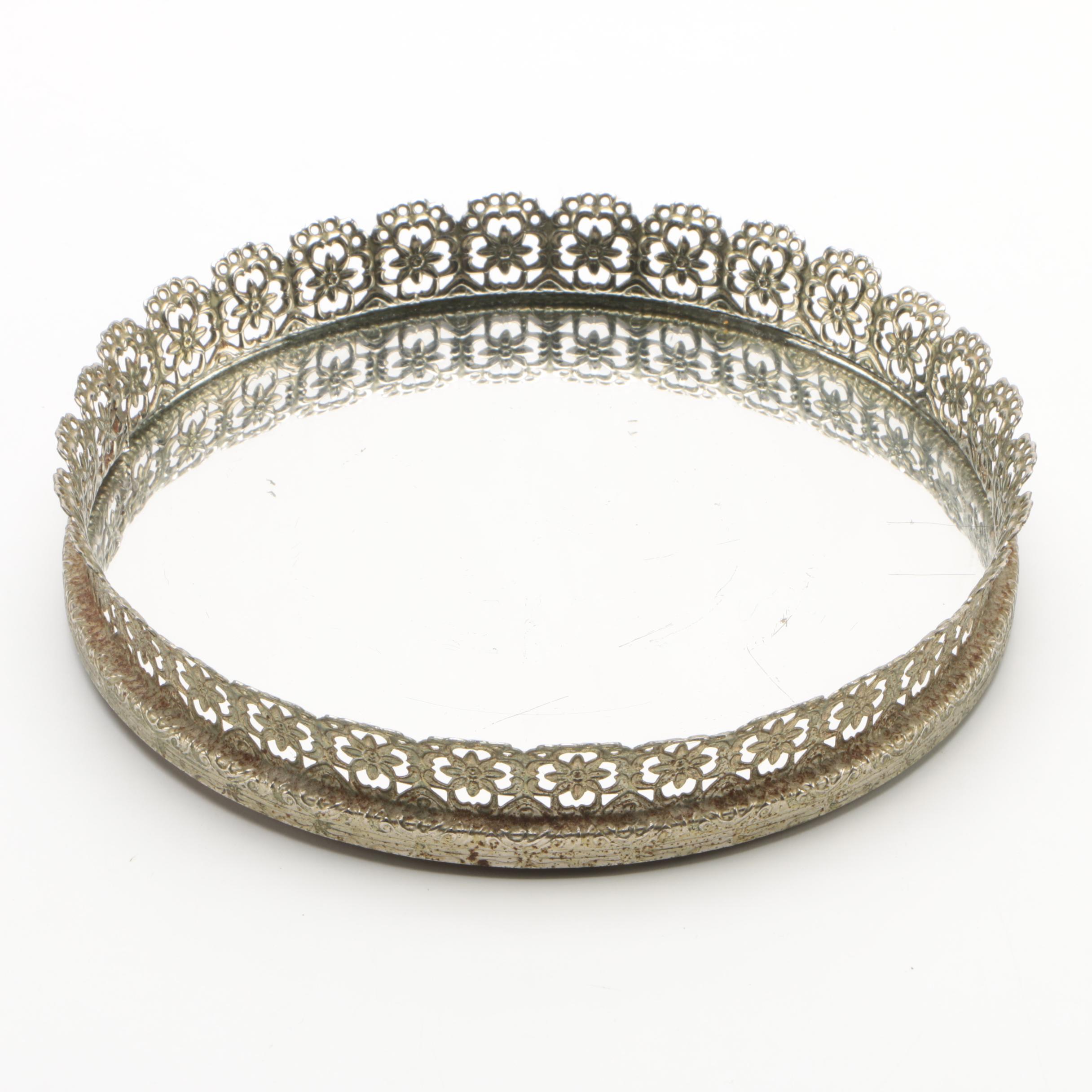 Vintage Pierced Silver Plate Mirrored Vanity Tray