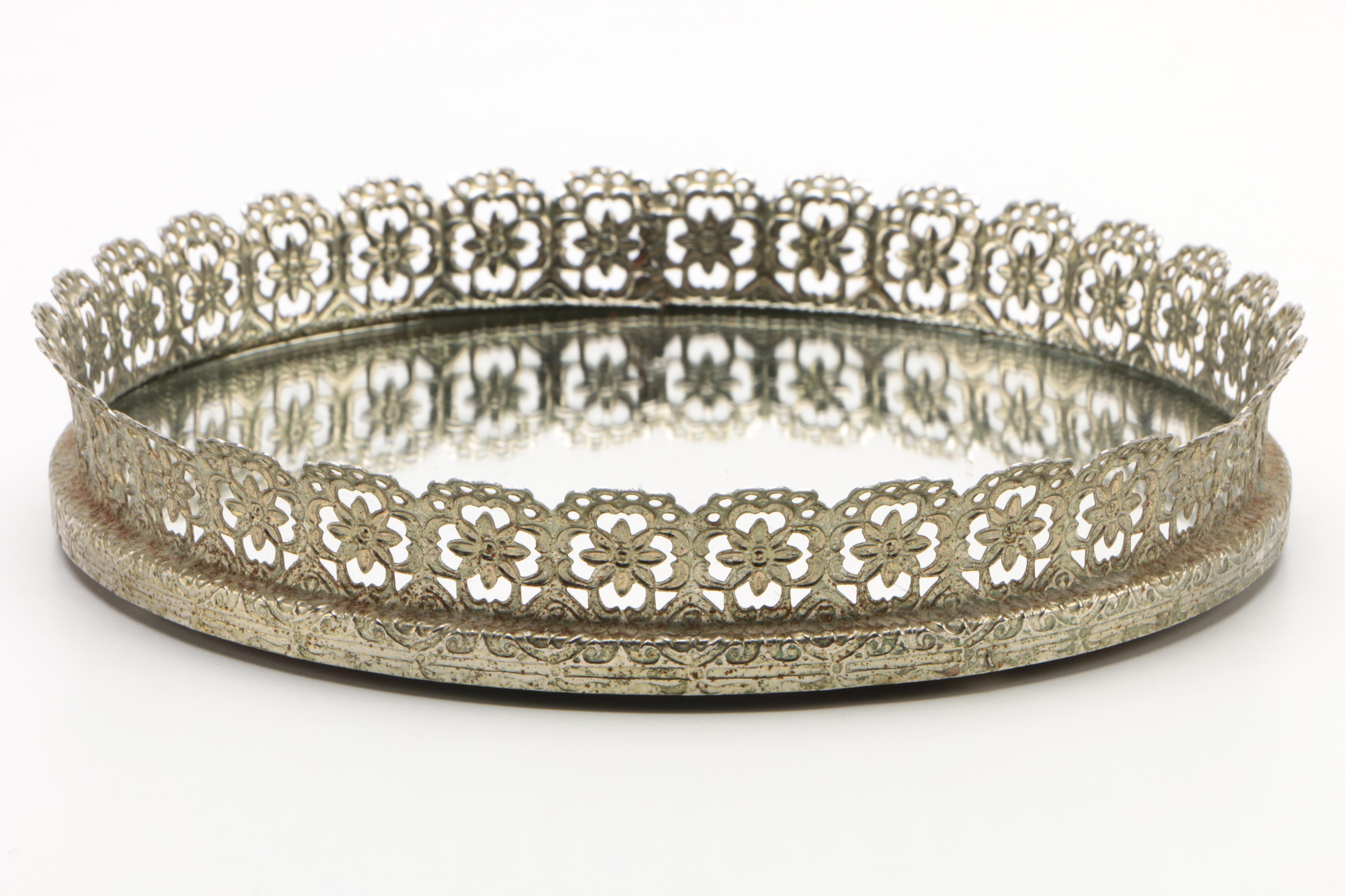 Vintage Pierced Silver Plate Mirrored Vanity Tray