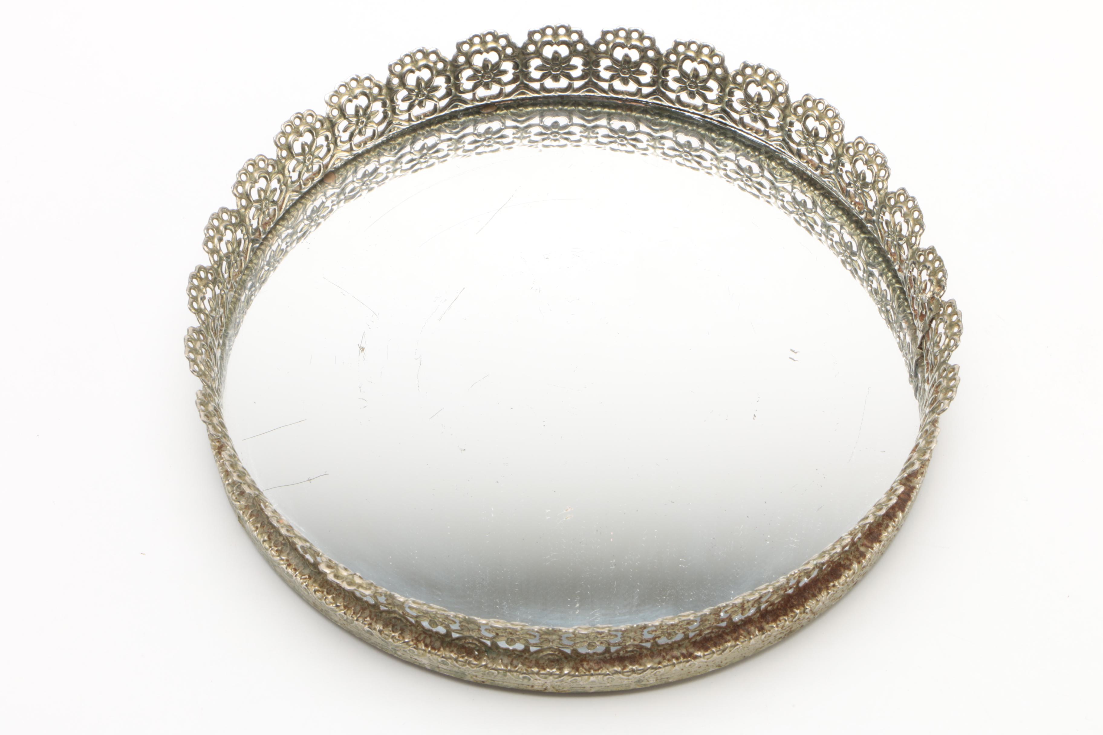 Vintage Pierced Silver Plate Mirrored Vanity Tray