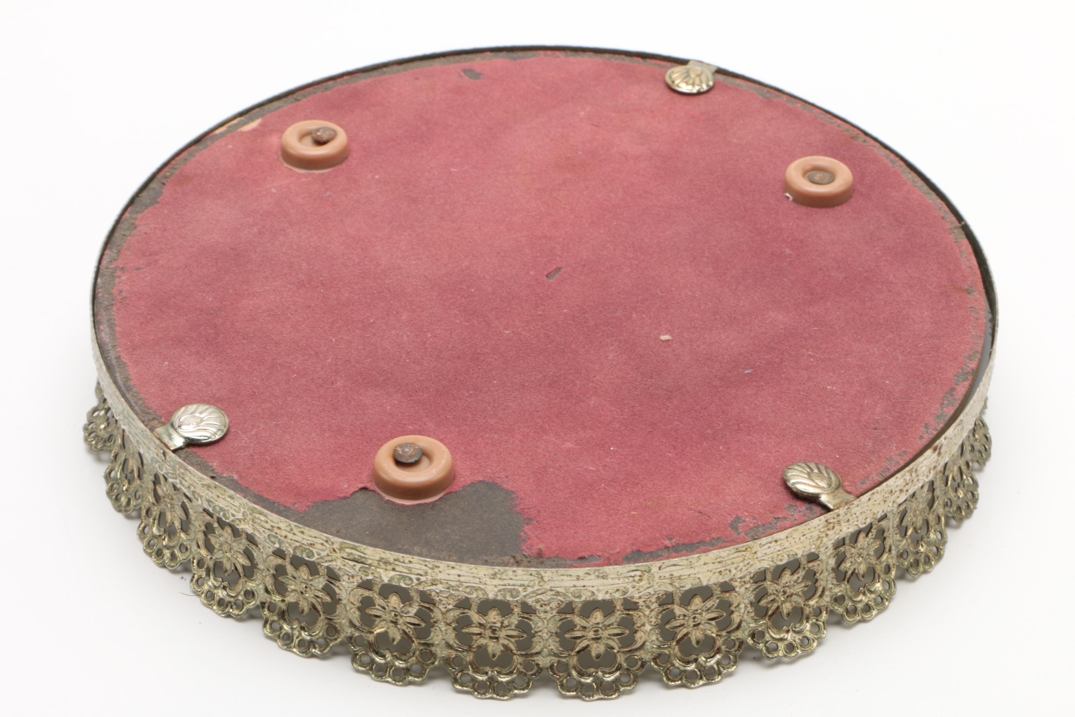 Vintage Pierced Silver Plate Mirrored Vanity Tray