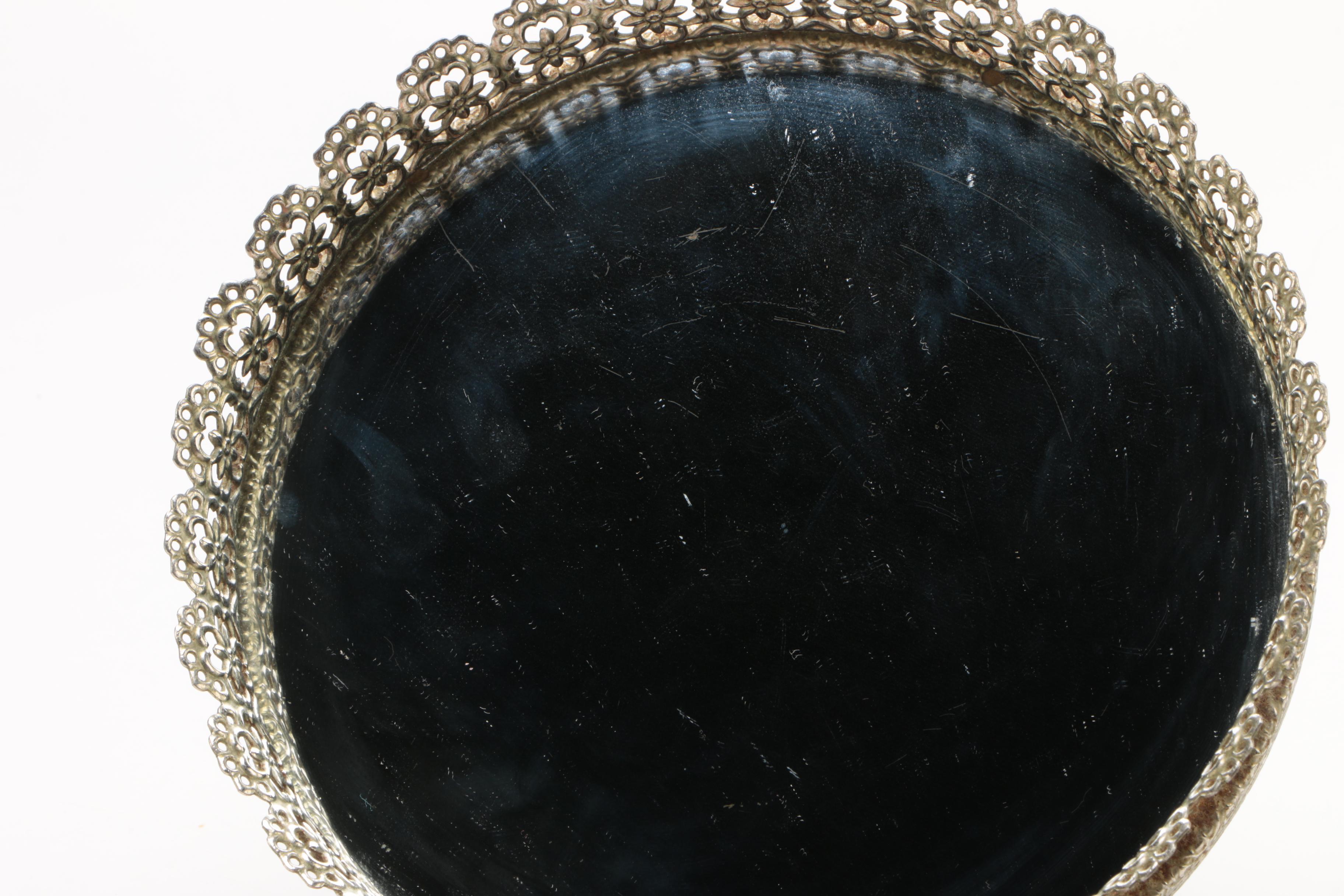 Vintage Pierced Silver Plate Mirrored Vanity Tray