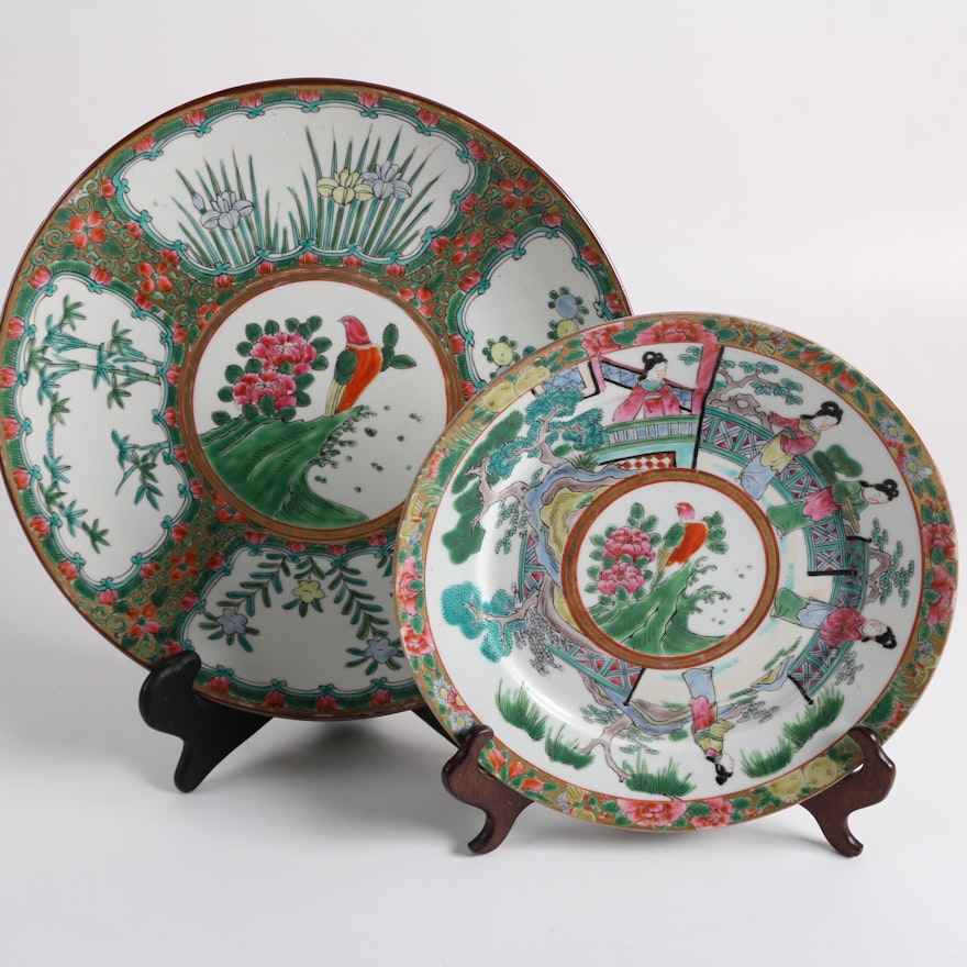 Rose Canton Style Porcelain Plates with Stands