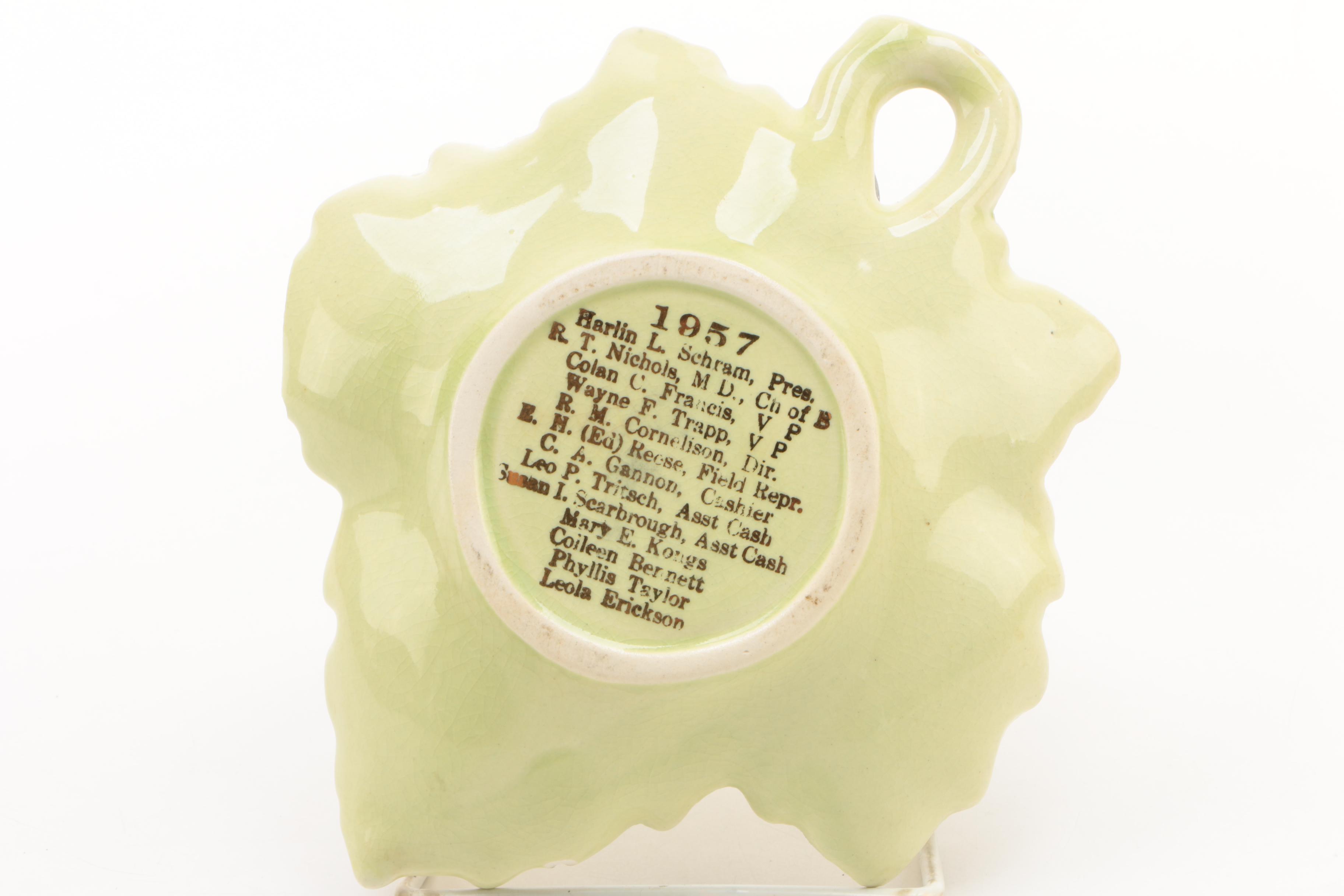 1957 Morrill & Janes Bank Commemorative Ceramic Leaf Tray
