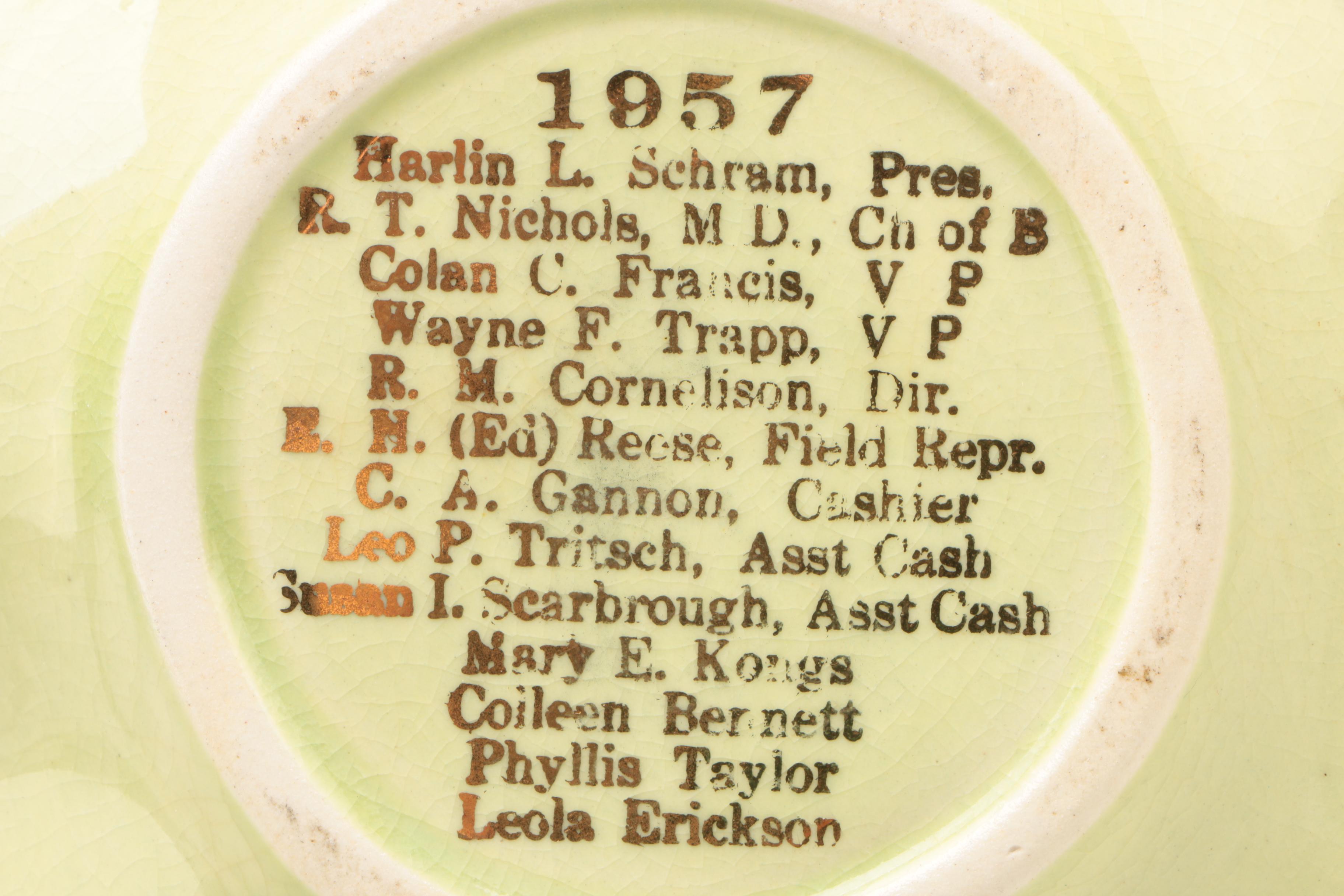 1957 Morrill & Janes Bank Commemorative Ceramic Leaf Tray