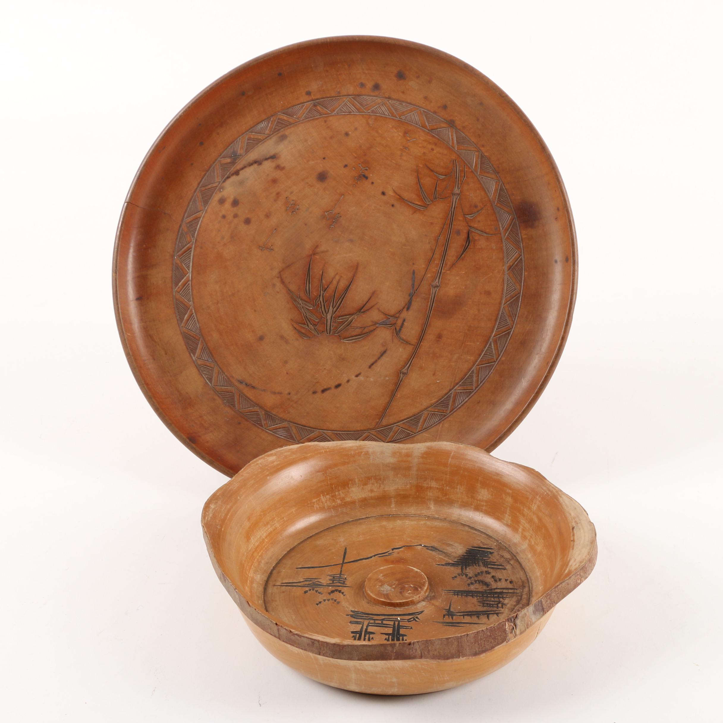 Vintage East Asian Hand-Incised Wooden Bowl and Plate