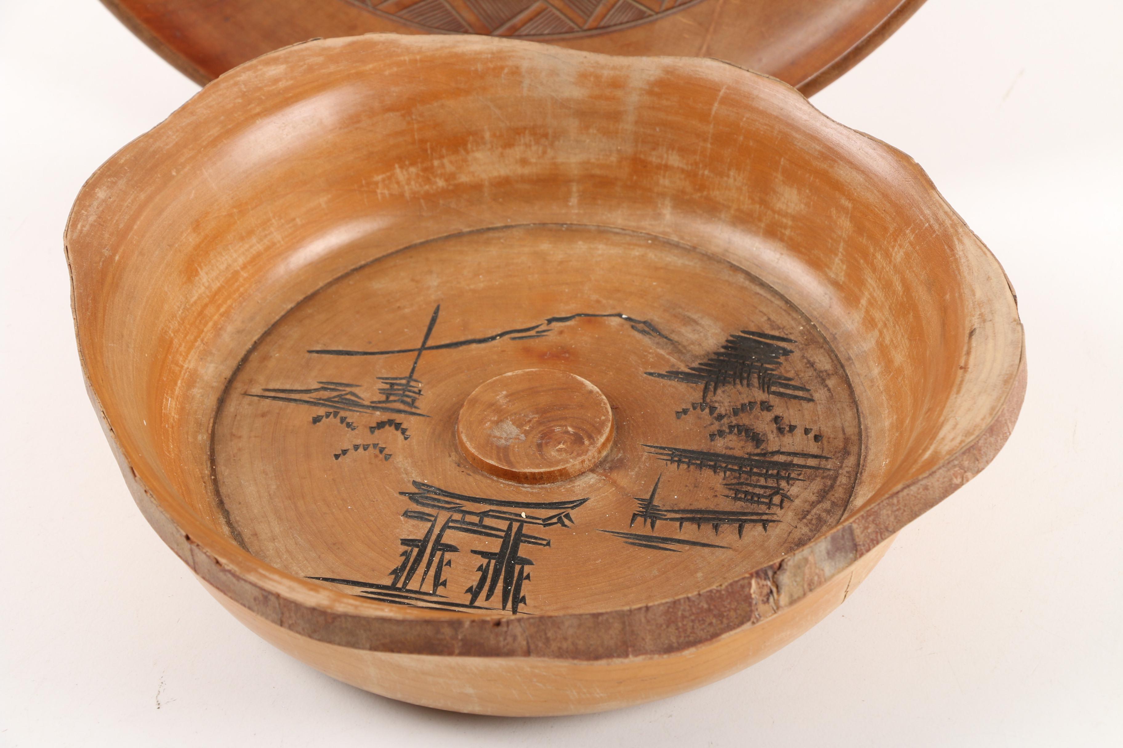 Vintage East Asian Hand-Incised Wooden Bowl and Plate