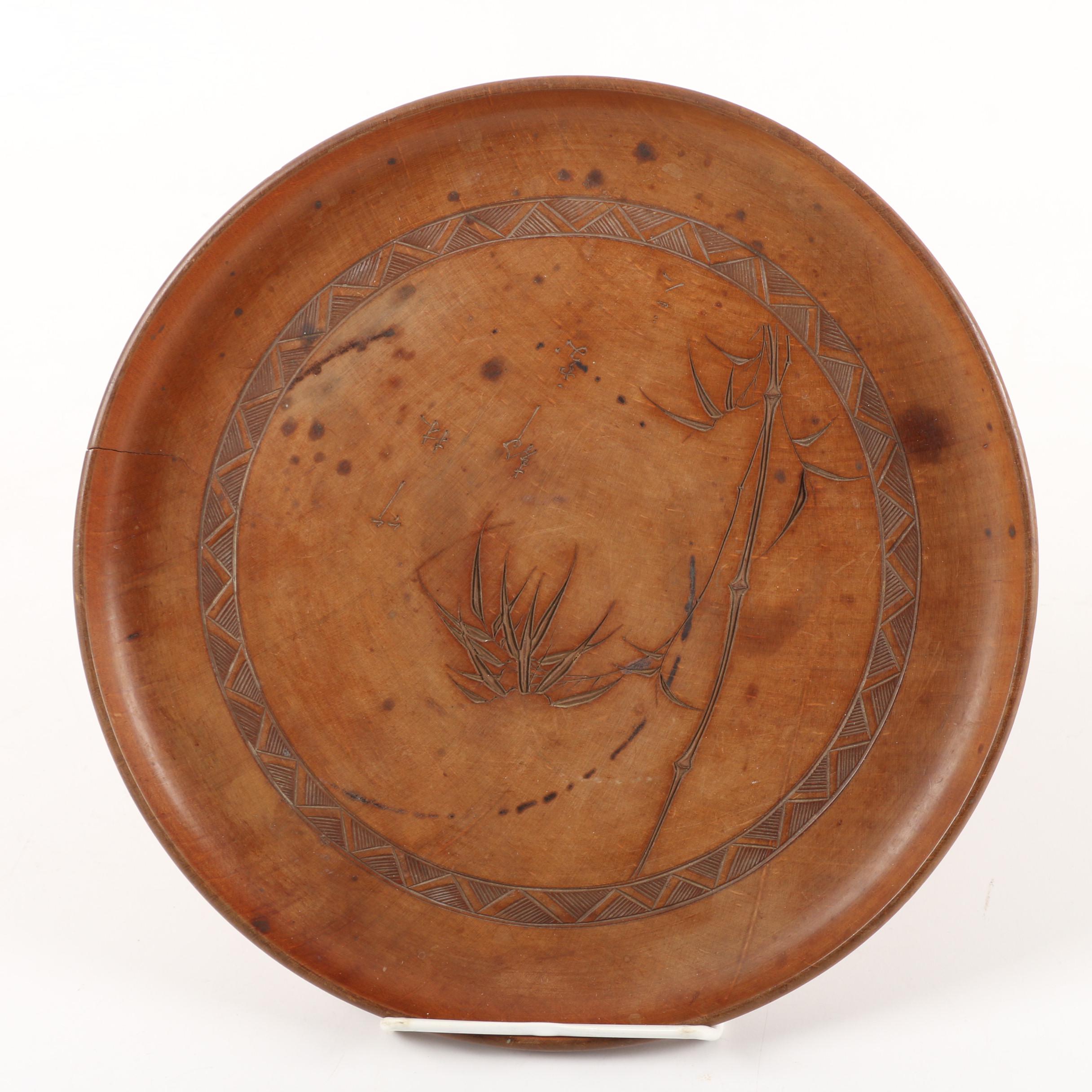 Vintage East Asian Hand-Incised Wooden Bowl and Plate