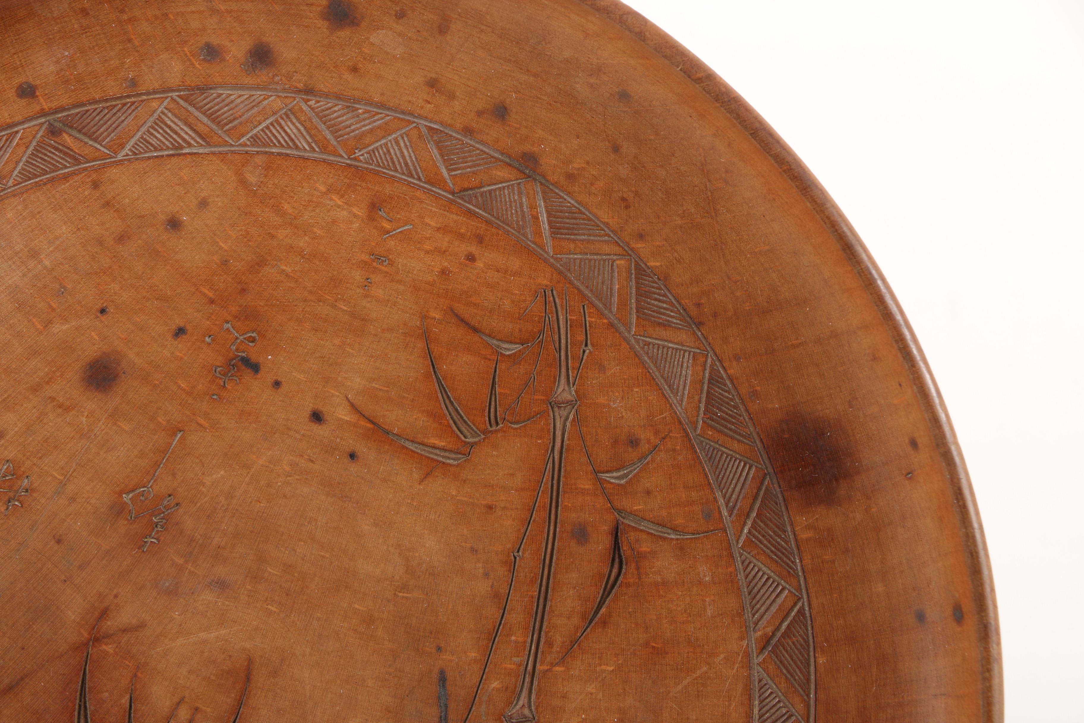 Vintage East Asian Hand-Incised Wooden Bowl and Plate