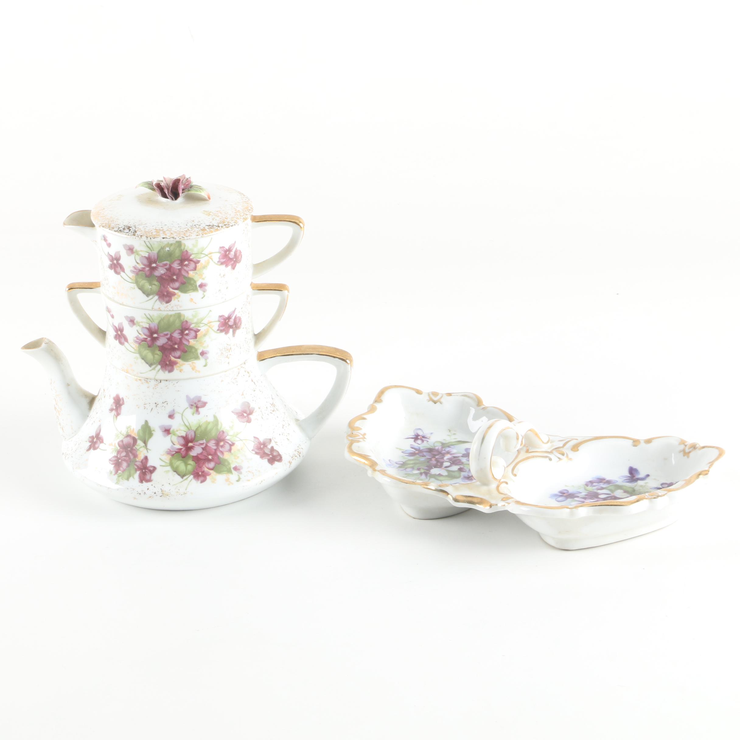 Vintage Lefton Stackable Porcelain Tea Set and Divided Serving Dish