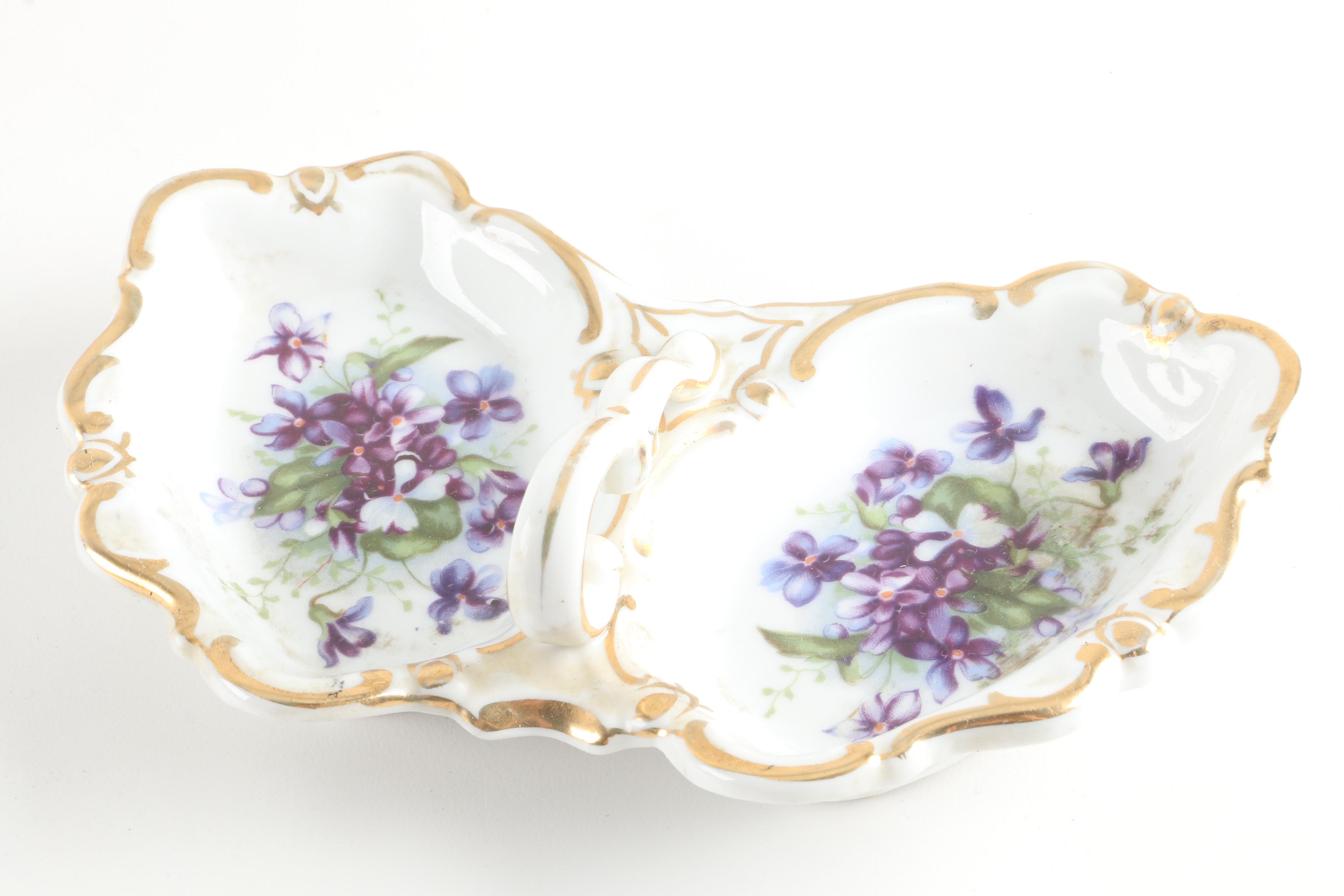 Vintage Lefton Stackable Porcelain Tea Set and Divided Serving Dish