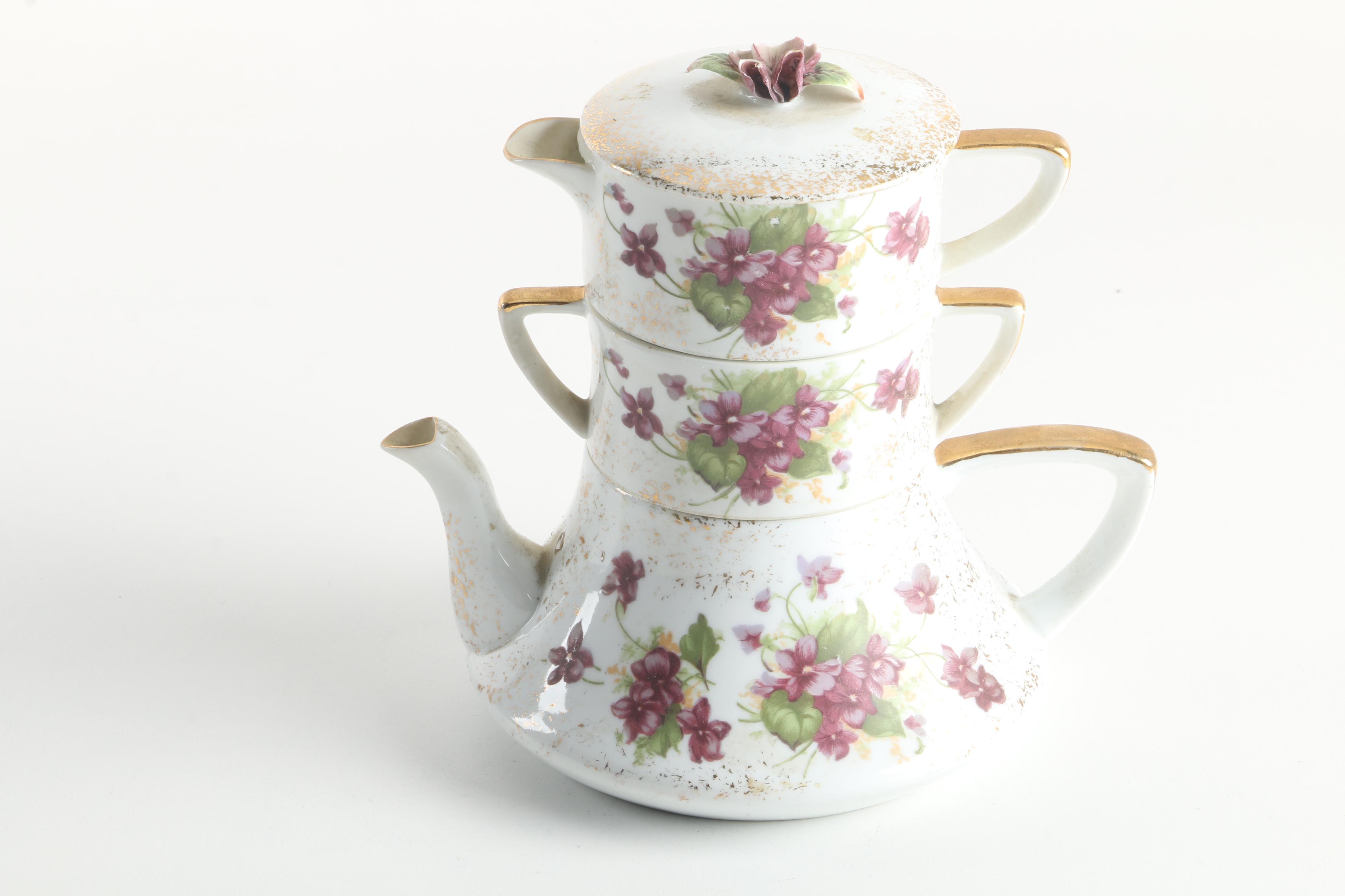 Vintage Lefton Stackable Porcelain Tea Set and Divided Serving Dish