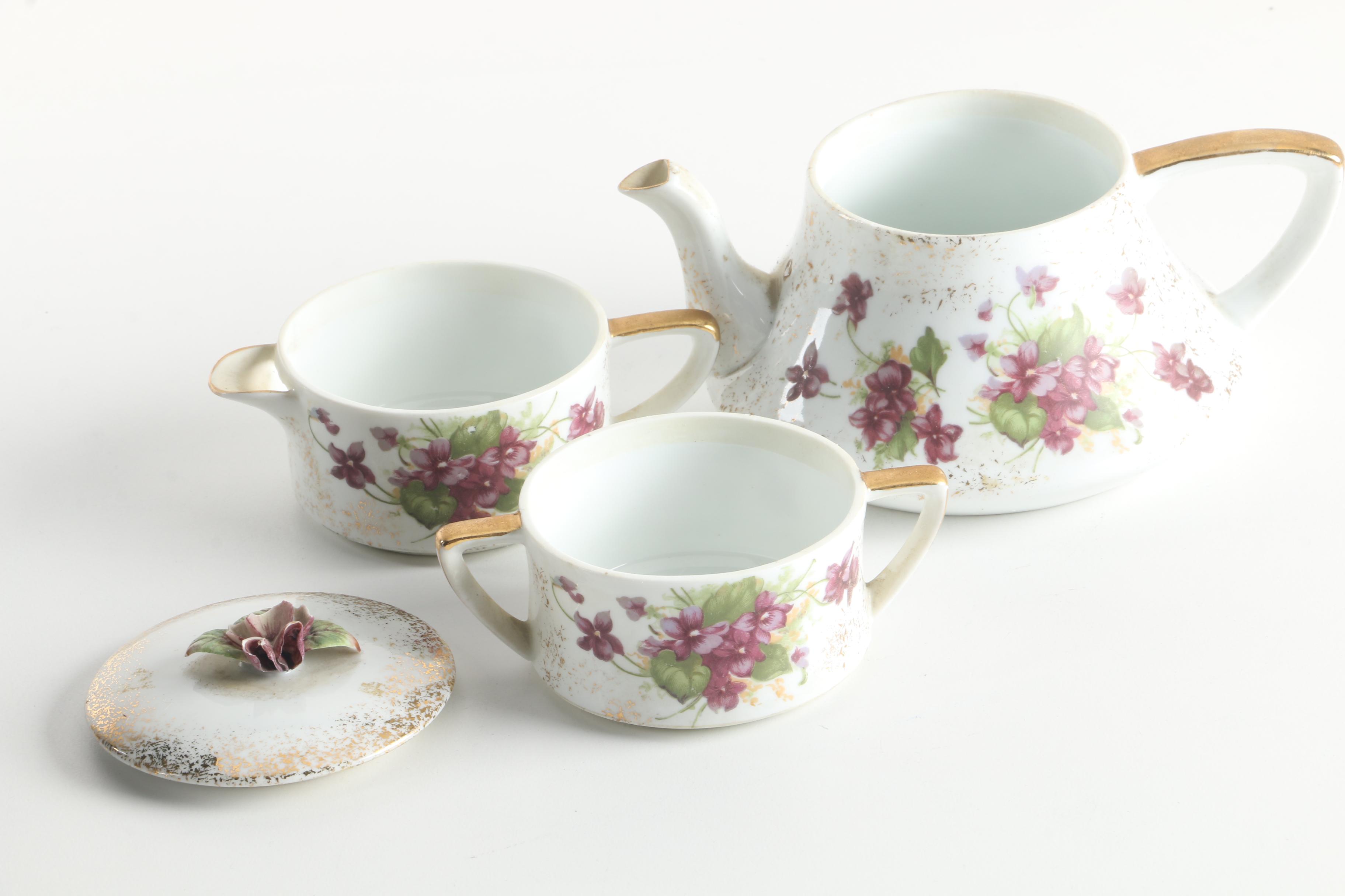 Vintage Lefton Stackable Porcelain Tea Set and Divided Serving Dish