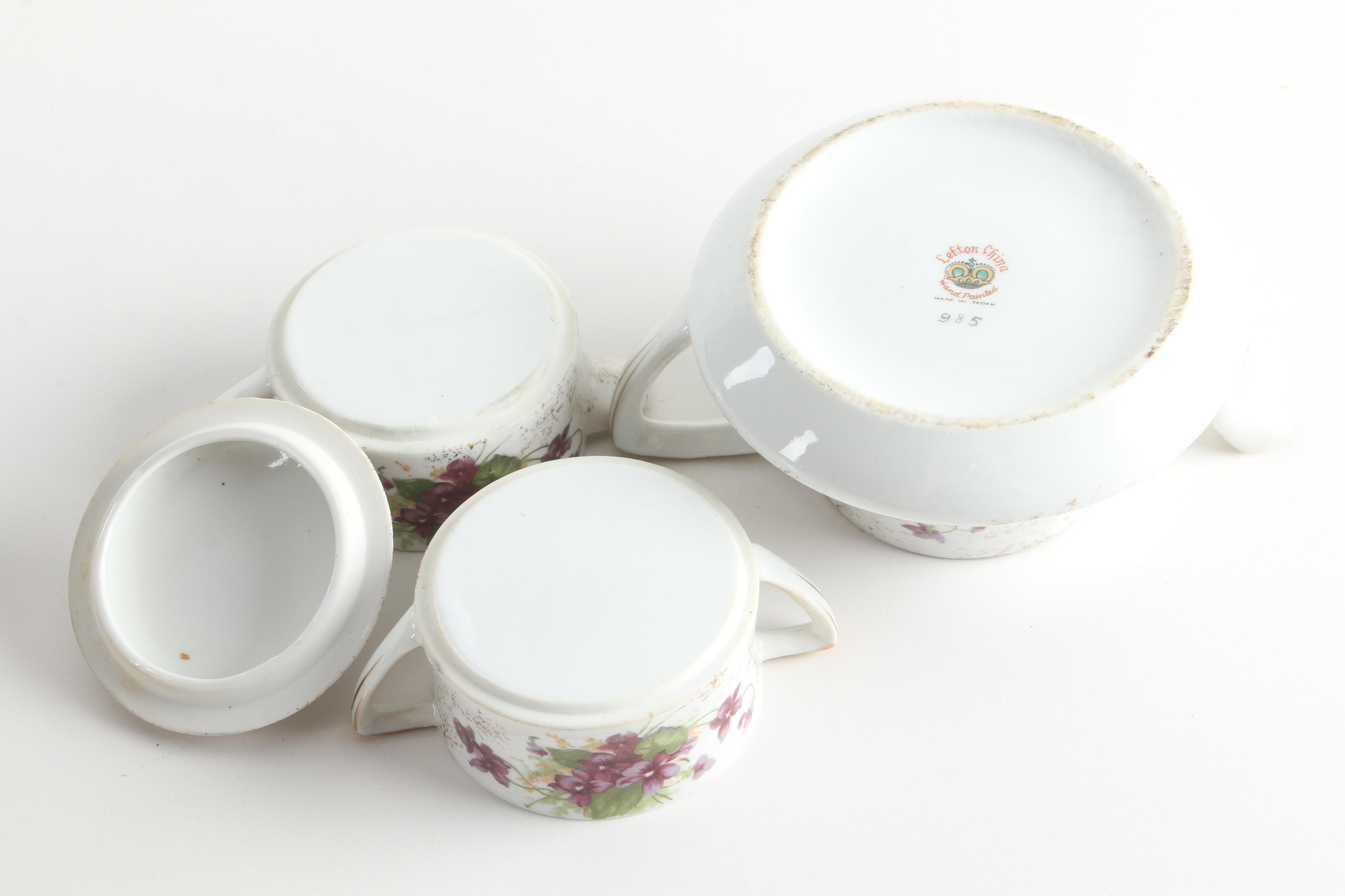 Vintage Lefton Stackable Porcelain Tea Set and Divided Serving Dish