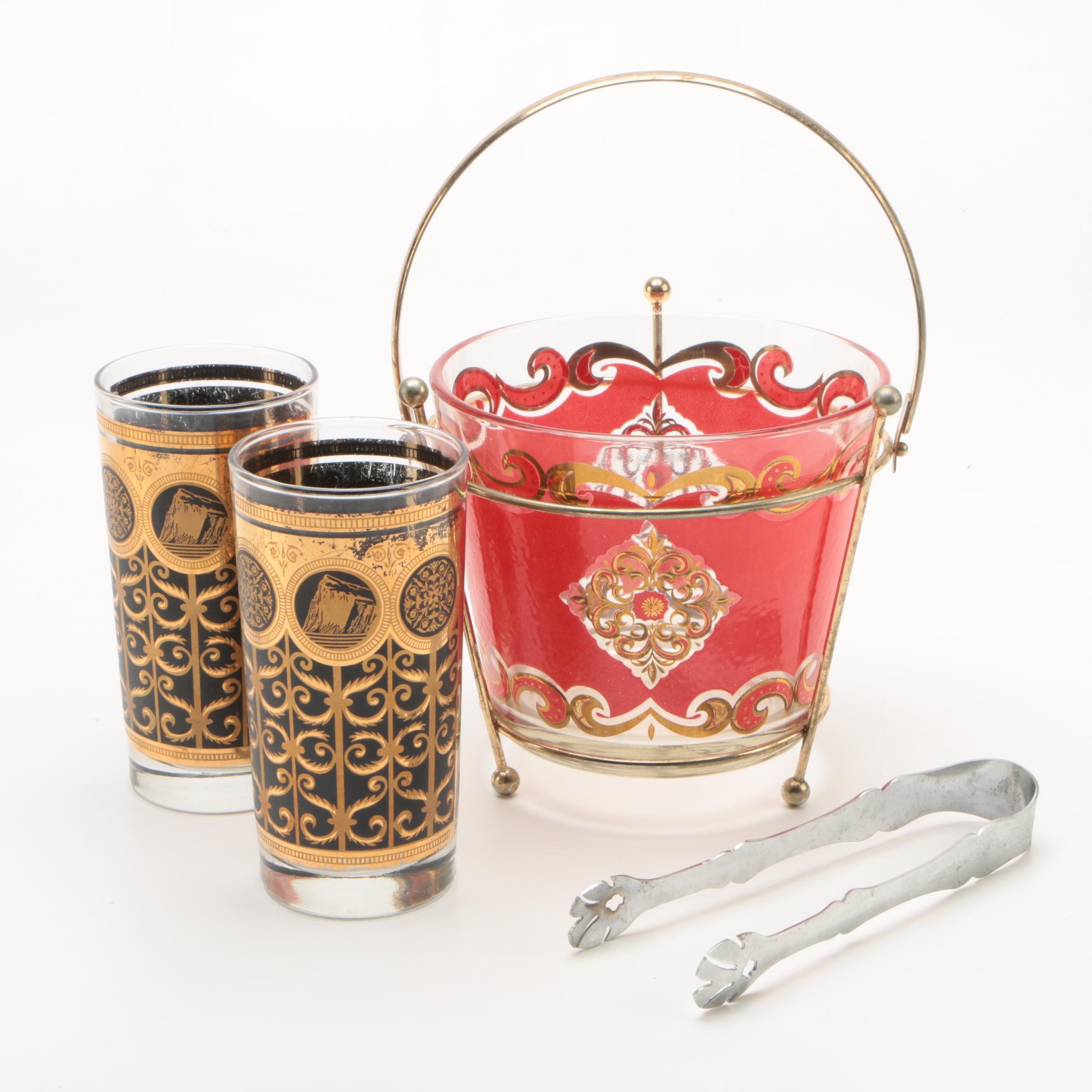 Mid Century Starlyte Ice Bucket and Tumblers with Metal Tongs
