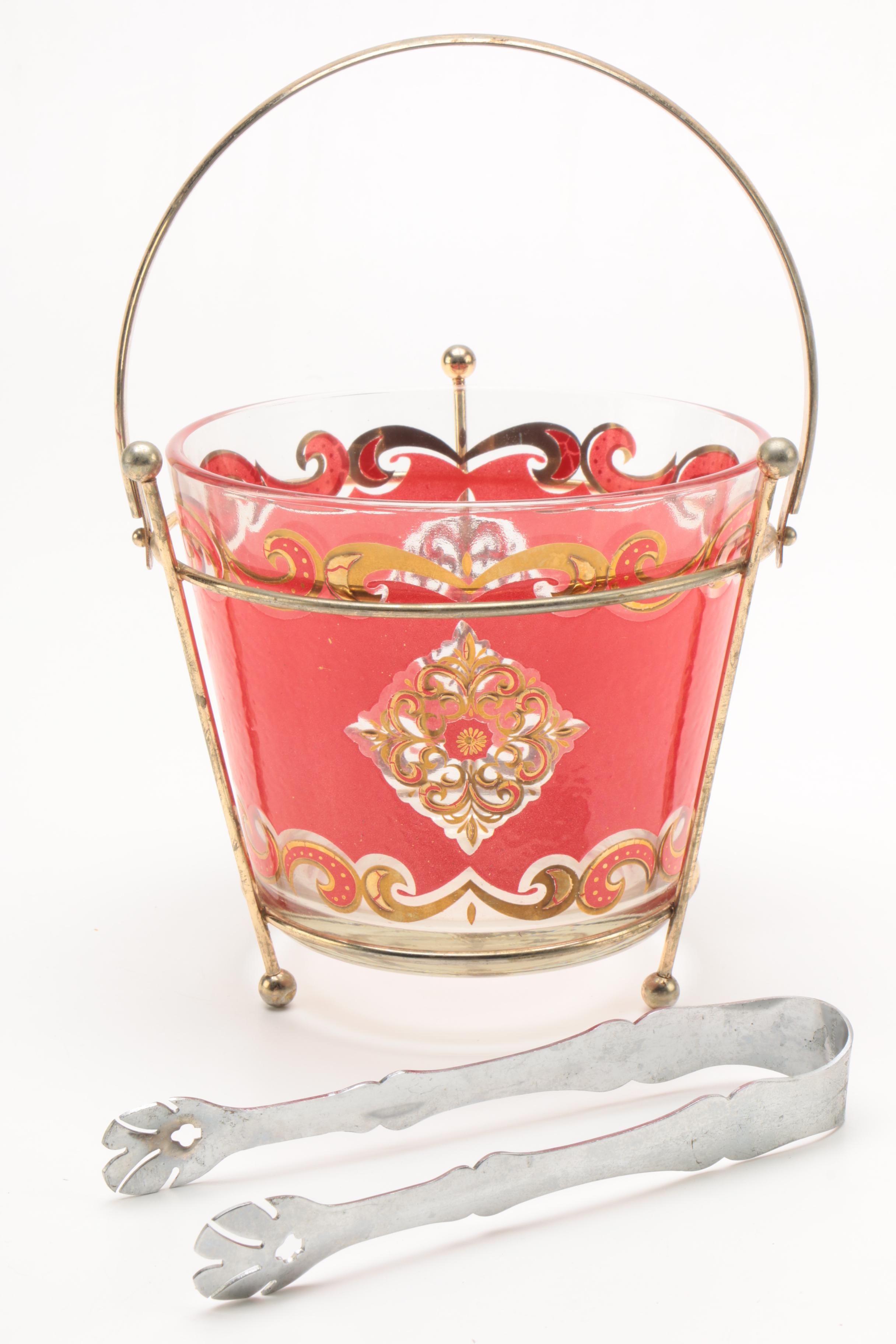 Mid Century Starlyte Ice Bucket and Tumblers with Metal Tongs