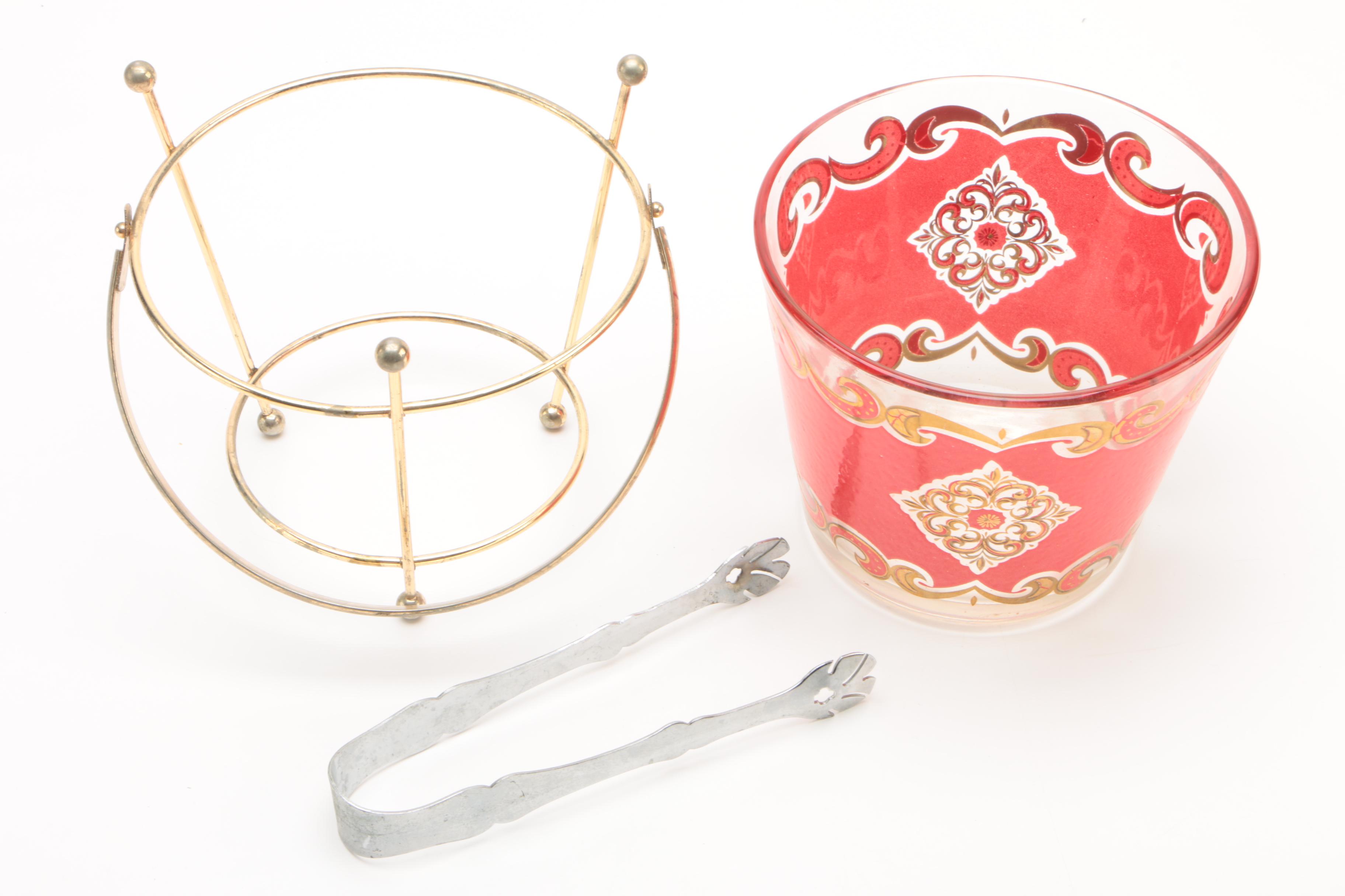 Mid Century Starlyte Ice Bucket and Tumblers with Metal Tongs
