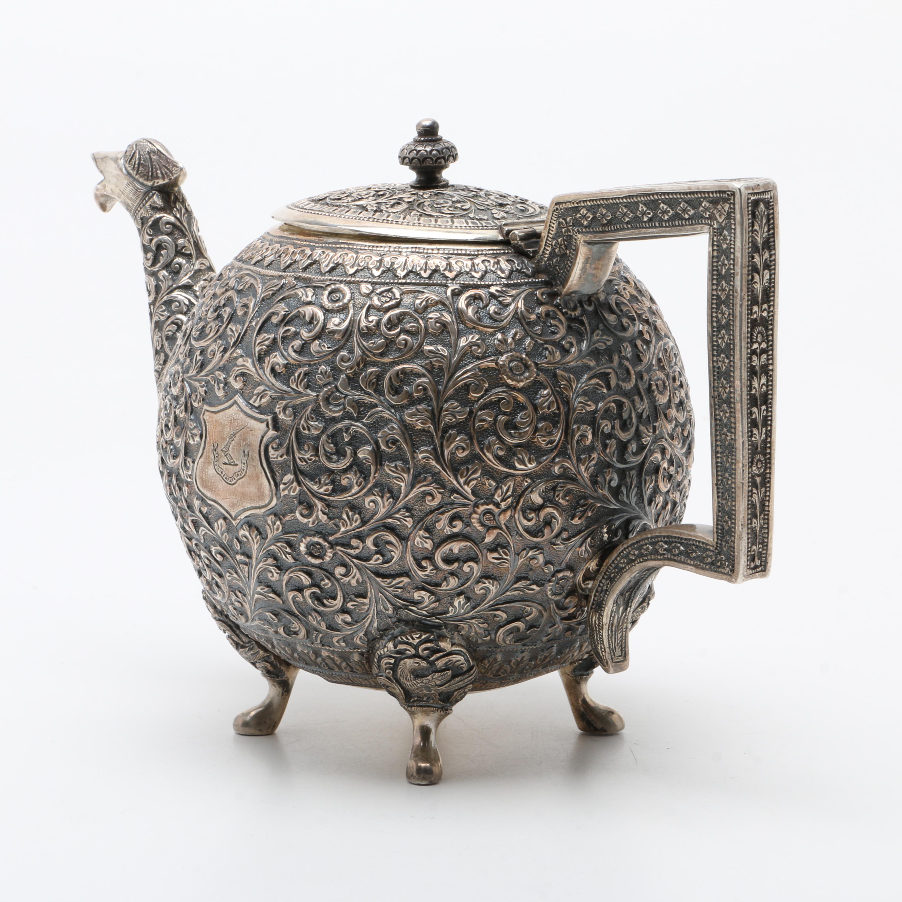 Antique Anglo-Indian Kutch Sterling Silver Repoussé Teapot